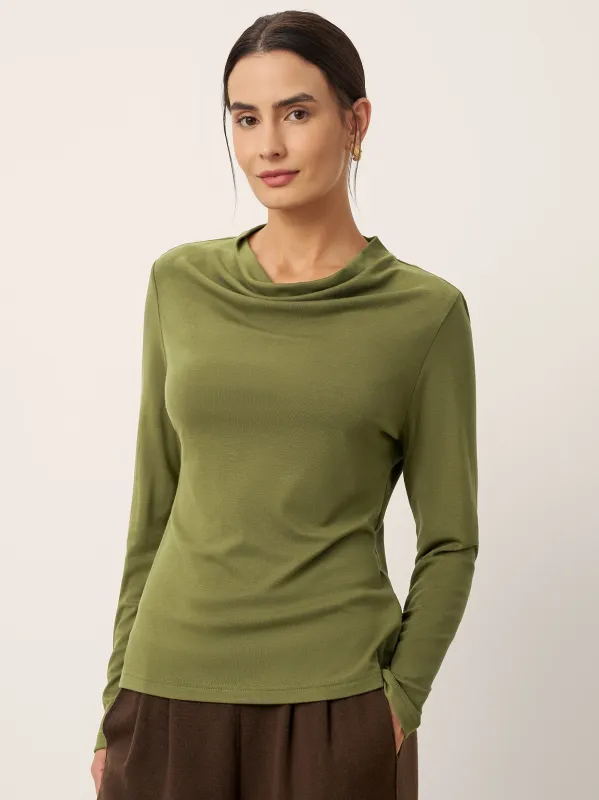 Wool Cowl Drape Stretch Long Sleeve Top INEKE sold by Lintico
