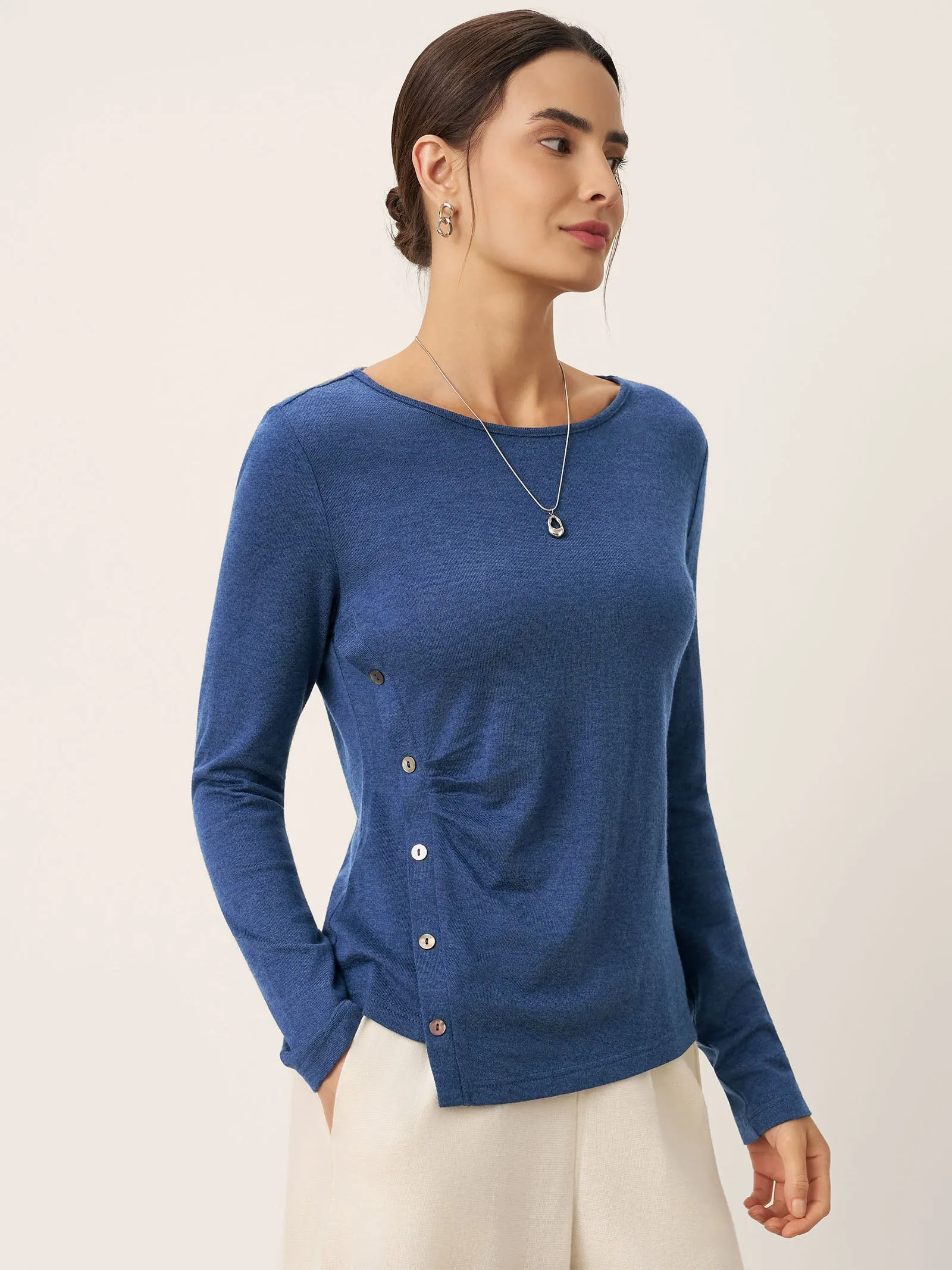 Wool Asymmetric Buttoned Long Sleeve Top LUCIE sold by Lintico