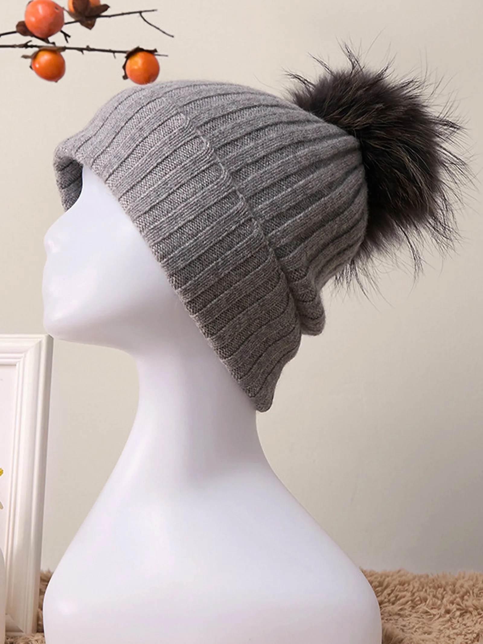 100% Cashmere Rib-Knit Slouchy Beanie With Pom-Pom sold by Lintico product image thumbnail 4