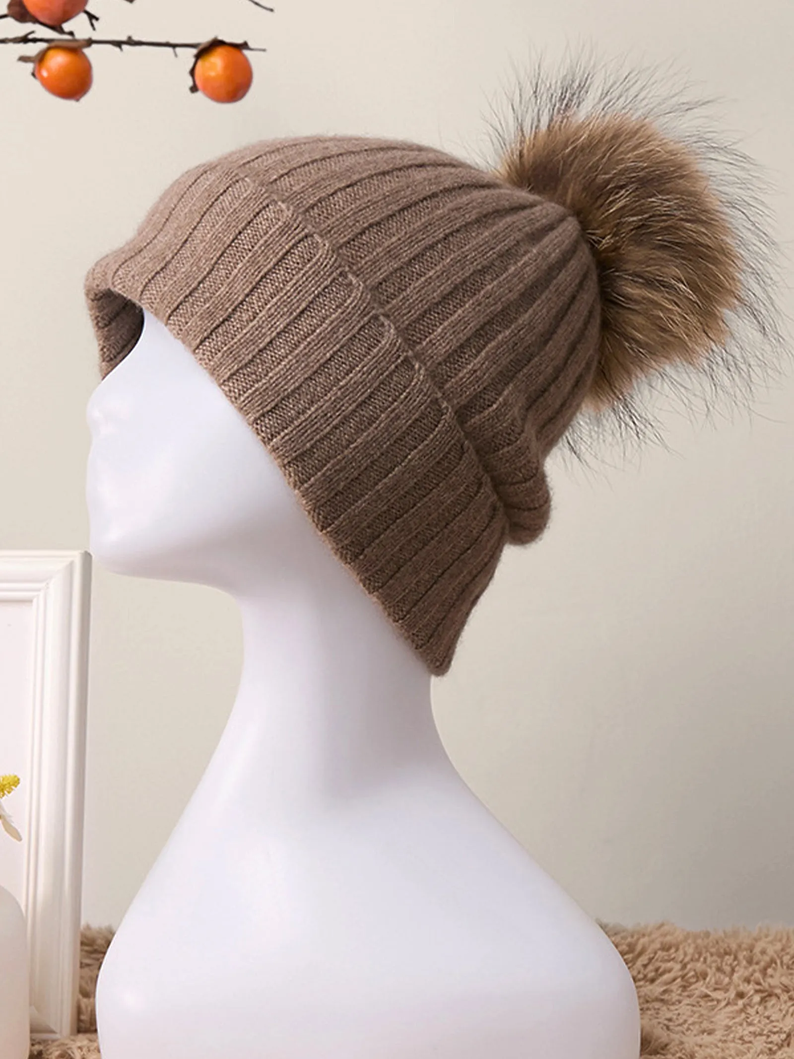 100% Cashmere Rib-Knit Slouchy Beanie With Pom-Pom sold by Lintico product image thumbnail 3
