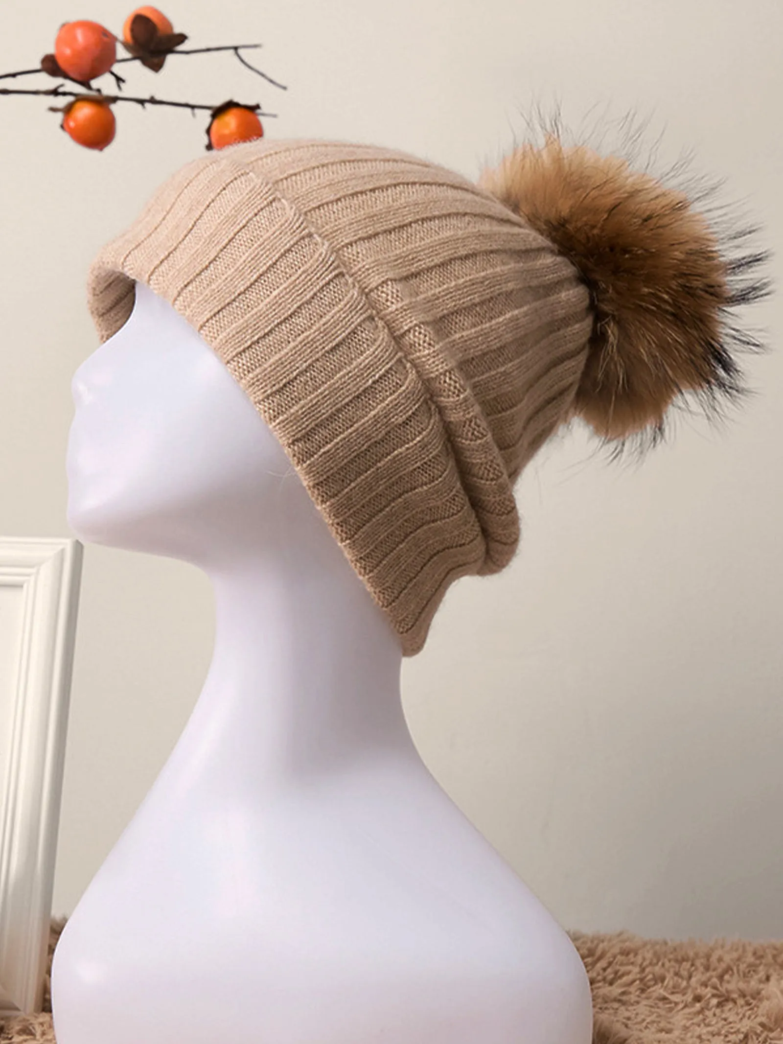 100% Cashmere Rib-Knit Slouchy Beanie With Pom-Pom sold by Lintico product image thumbnail 2