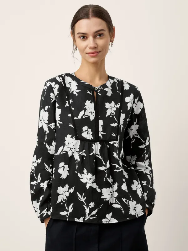 100% Linen Floral Printed Gathered Pullover Top AMIYA made by Lintico