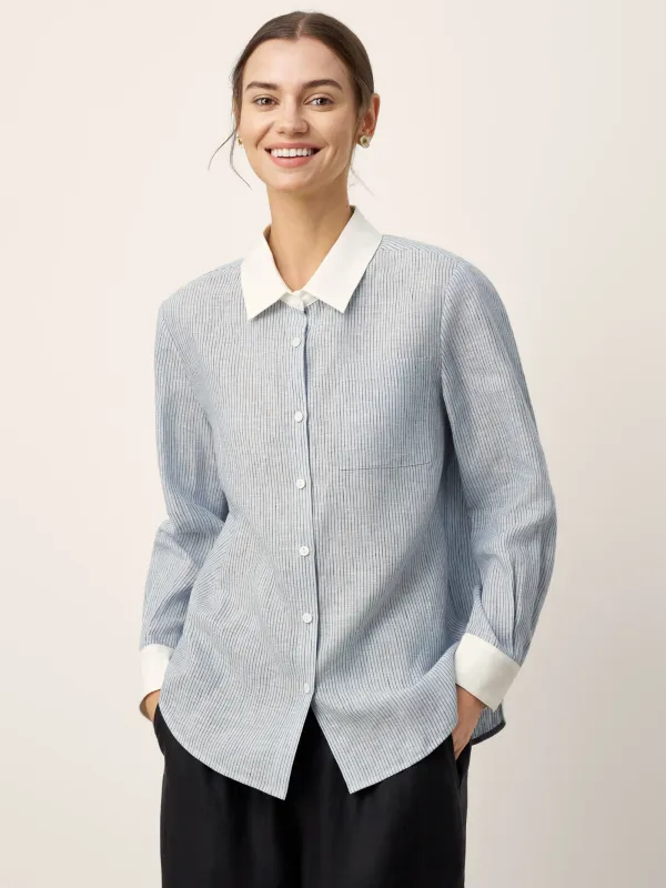 100% Linen Striped Patchwork Pleat Shirt THEA sold by Lintico
