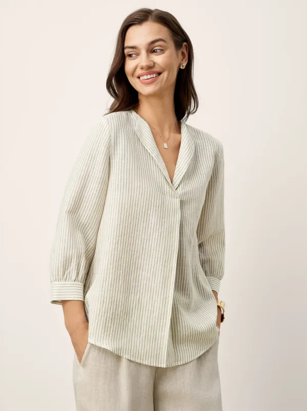 Linen-Lyocell Striped Lapel Inverted Pleat Pullover Top MARGOT sold by Lintico