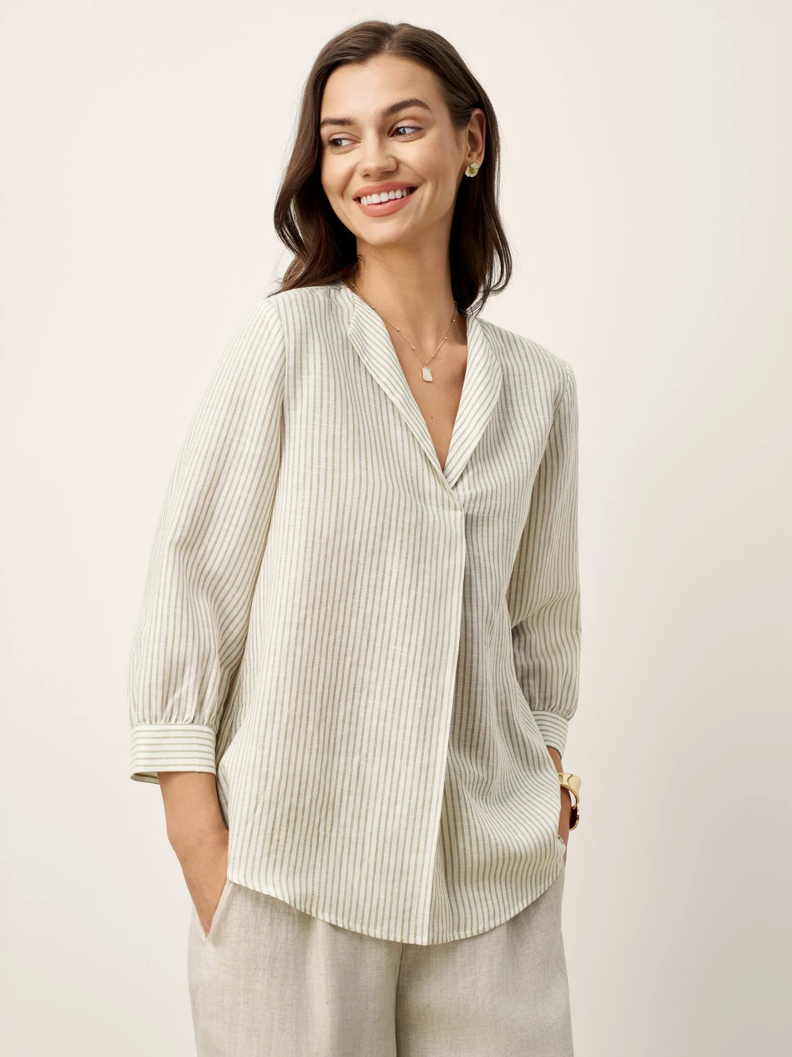 Linen-Lyocell Striped Lapel Inverted Pleat Pullover Top MARGOT sold by Lintico