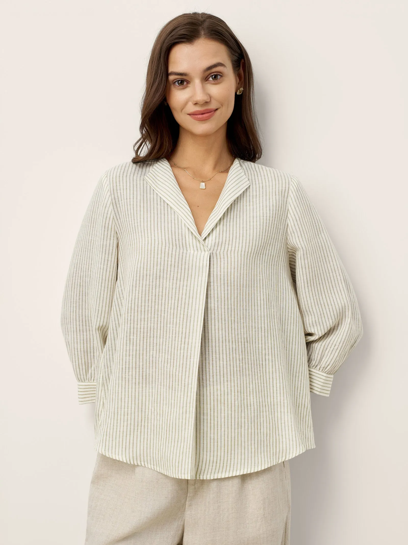Linen-Lyocell Striped Lapel Inverted Pleat Pullover Top MARGOT sold by Lintico product image thumbnail 3