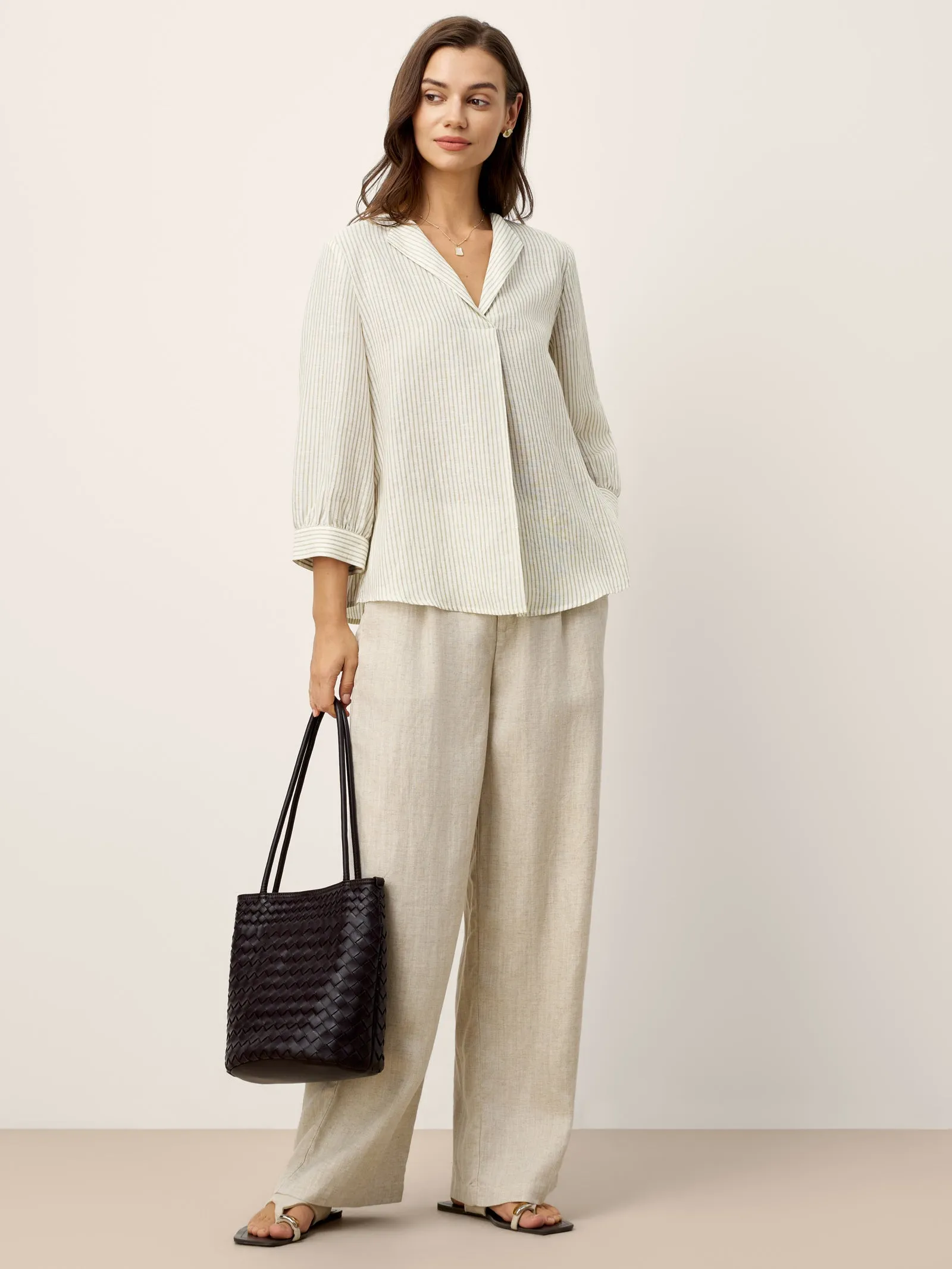 Linen-Lyocell Striped Lapel Inverted Pleat Pullover Top MARGOT sold by Lintico product image thumbnail 5