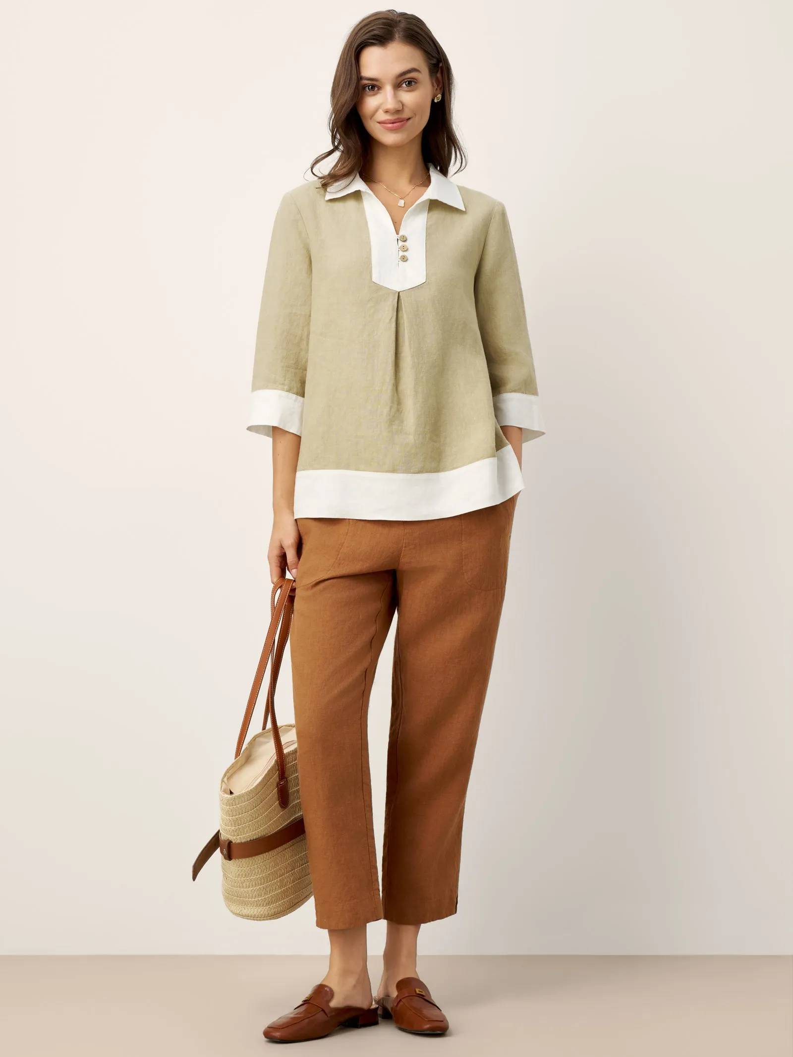 100% Linen Contrast Panel Lapel Sculpted Pleated Pullover Top VICTORIA sold by Lintico product image thumbnail 5