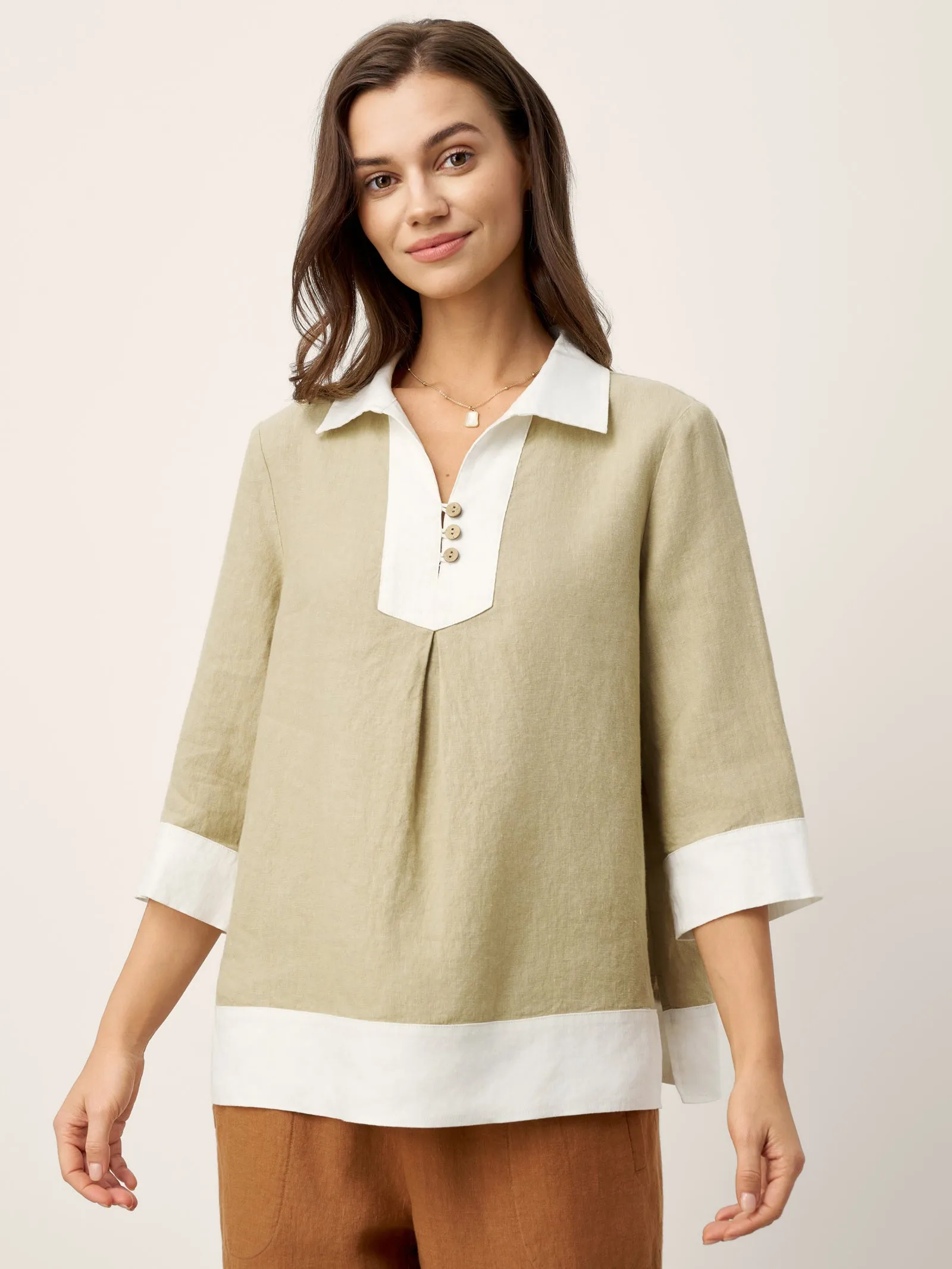 100% Linen Contrast Panel Lapel Sculpted Pleated Pullover Top VICTORIA sold by Lintico product image thumbnail 2
