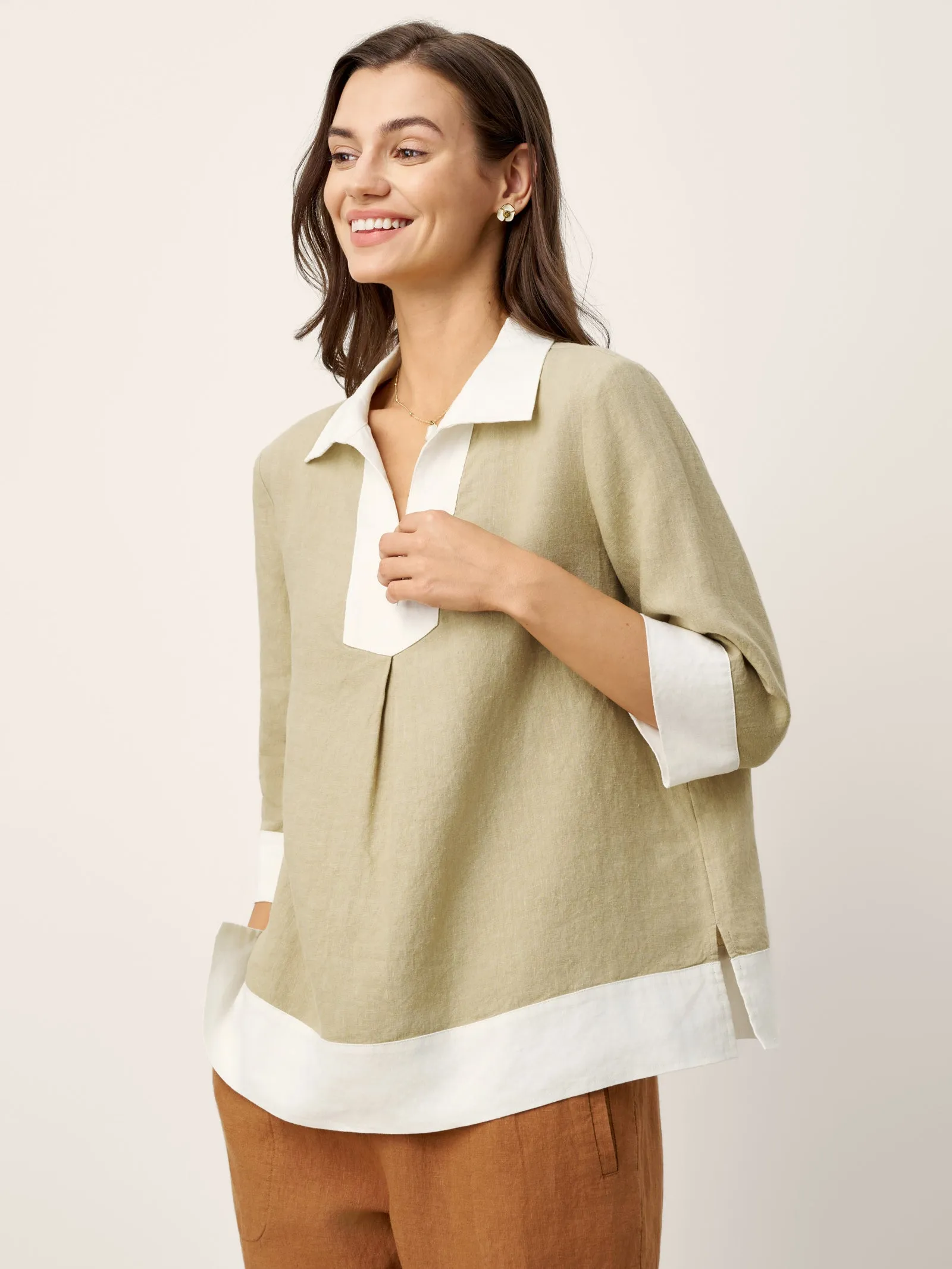 100% Linen Contrast Panel Lapel Sculpted Pleated Pullover Top VICTORIA sold by Lintico product image thumbnail 4