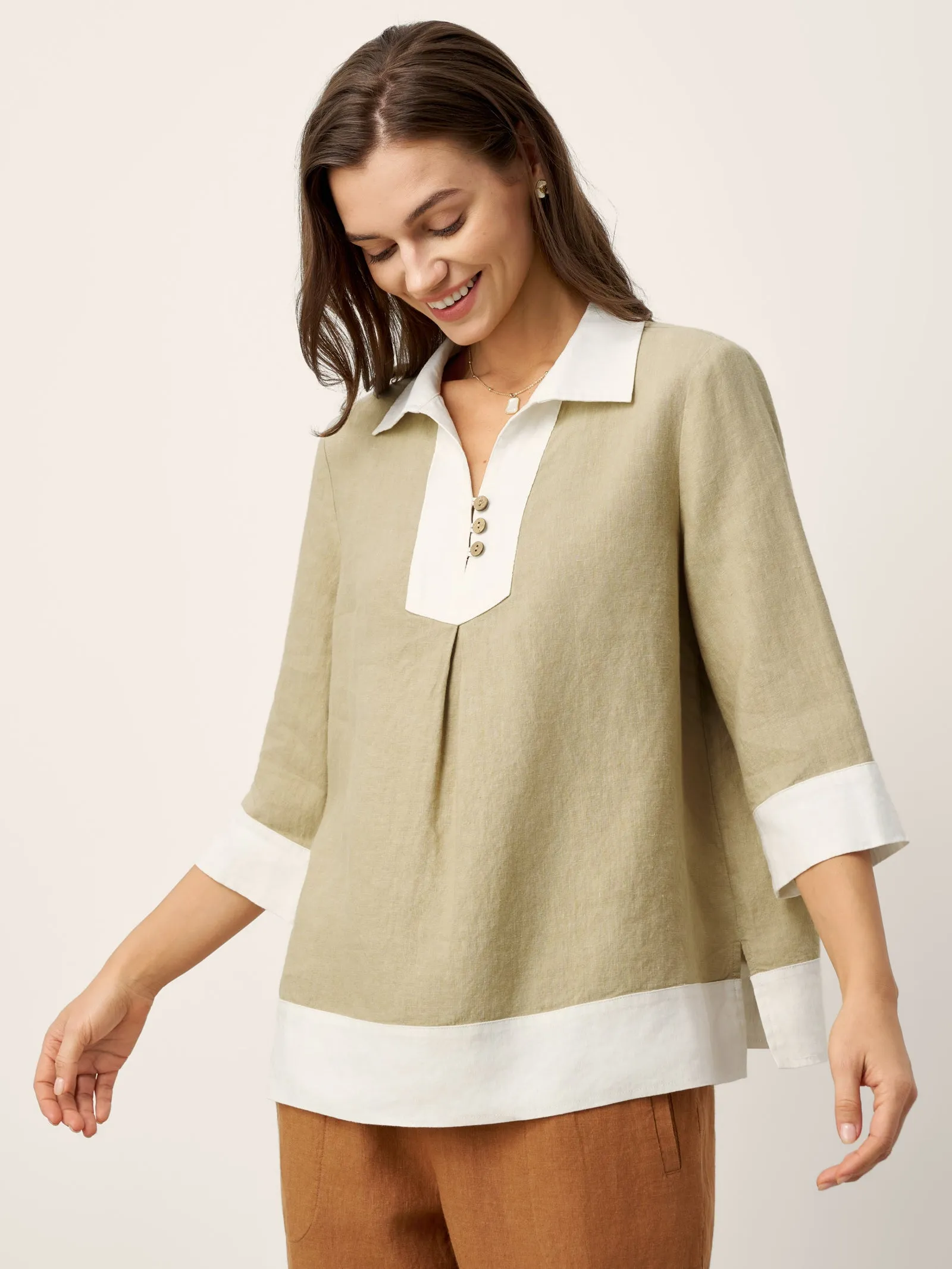 100% Linen Contrast Panel Lapel Sculpted Pleated Pullover Top VICTORIA sold by Lintico