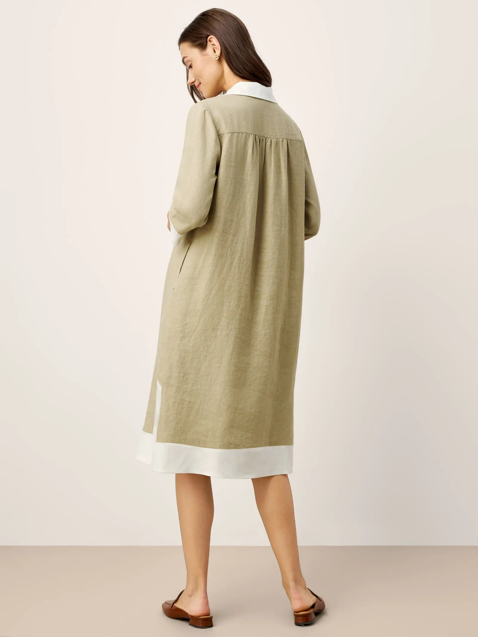 100% Linen Contrast Panel V-neck Layered Lapel Midi Shirt Dress PERSEPHONE sold by Lintico product image thumbnail 2