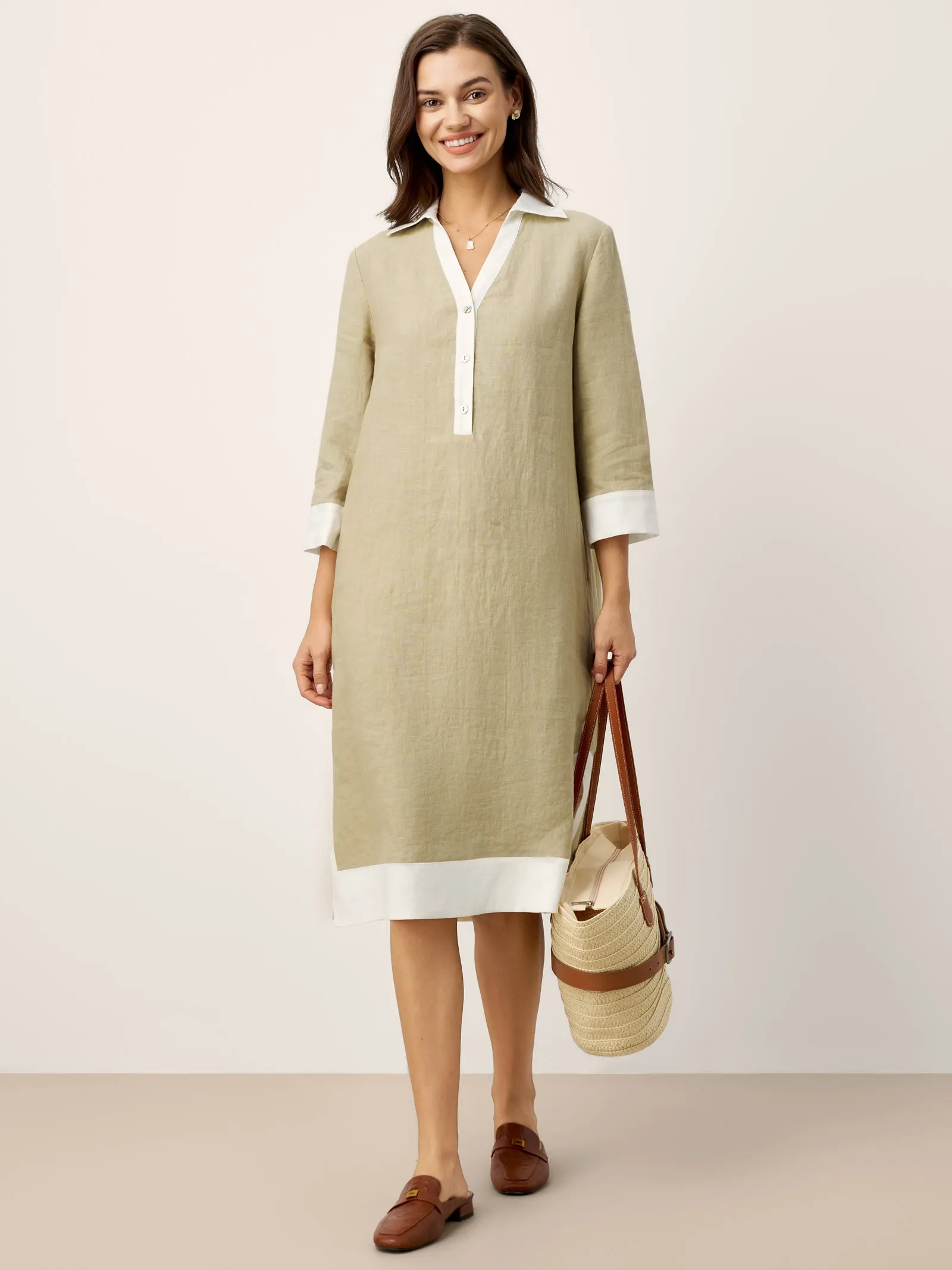 100% Linen Contrast Panel V-neck Layered Lapel Midi Shirt Dress PERSEPHONE sold by Lintico product image thumbnail 4