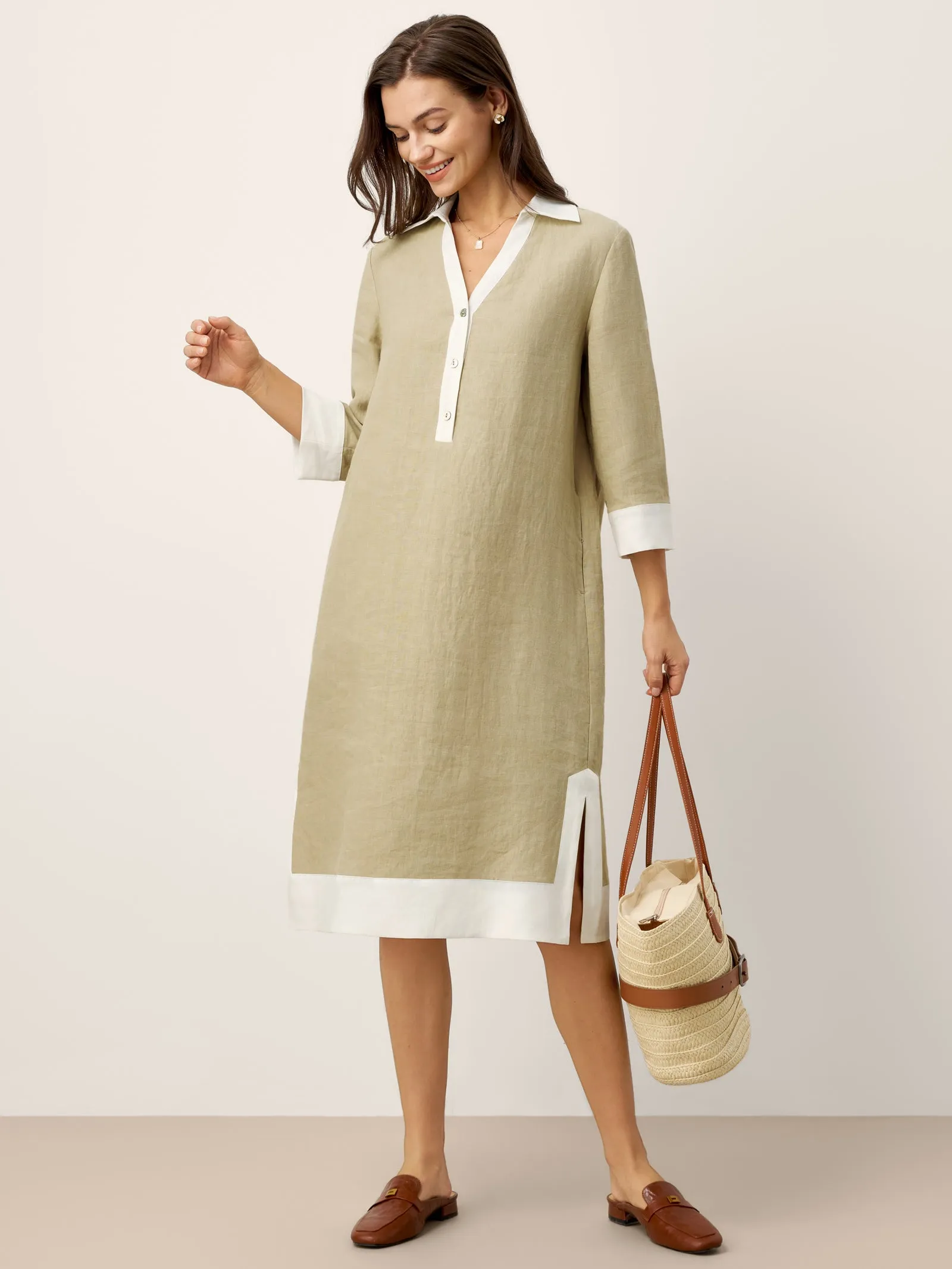 100% Linen Contrast Panel V-neck Layered Lapel Midi Shirt Dress PERSEPHONE sold by Lintico product image thumbnail 5