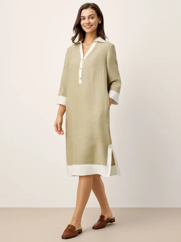 100% Linen Contrast Panel V-neck Layered Lapel Midi Shirt Dress PERSEPHONE sold by Lintico