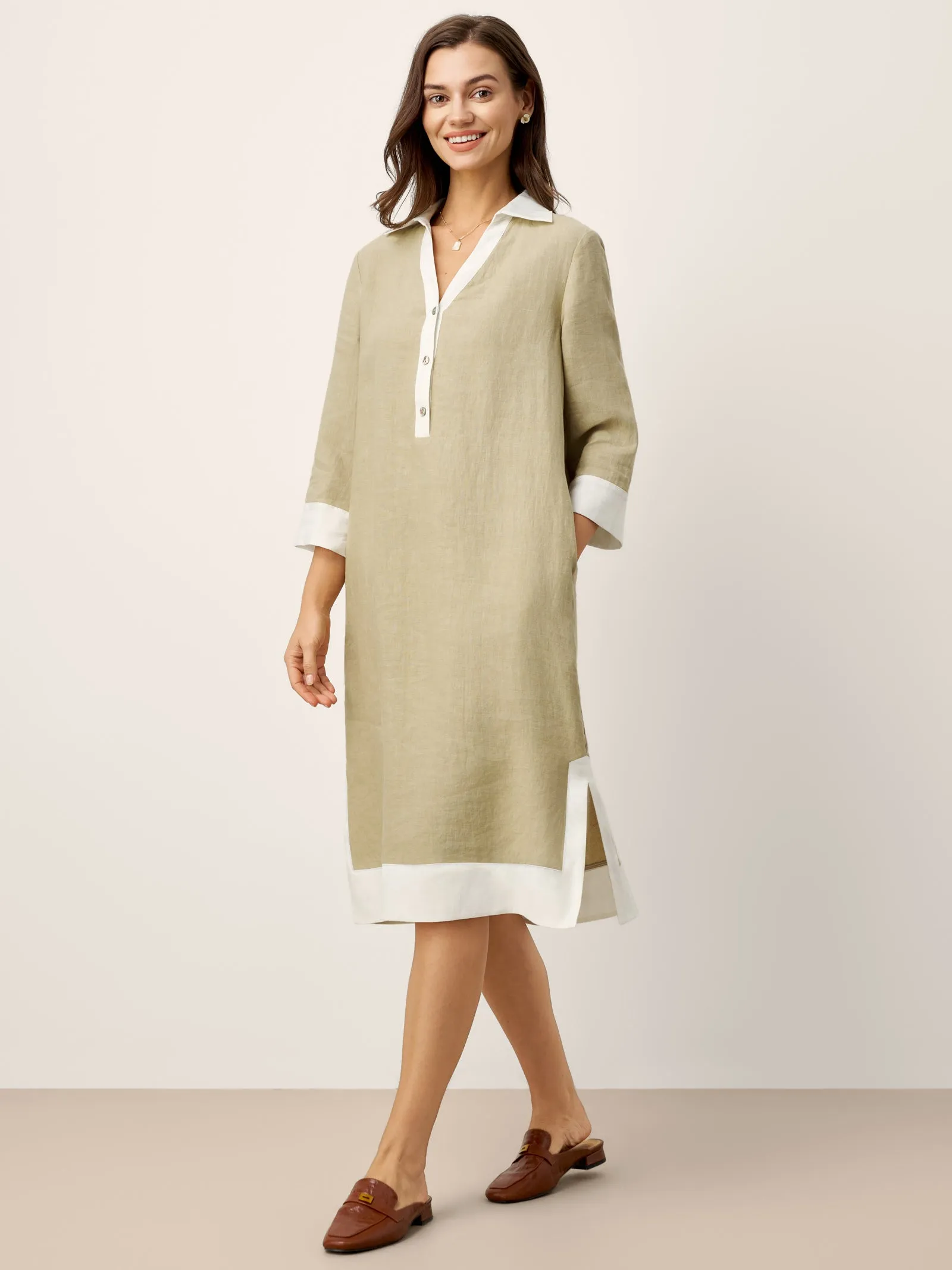 100% Linen Contrast Panel V-neck Layered Lapel Midi Shirt Dress PERSEPHONE sold by Lintico