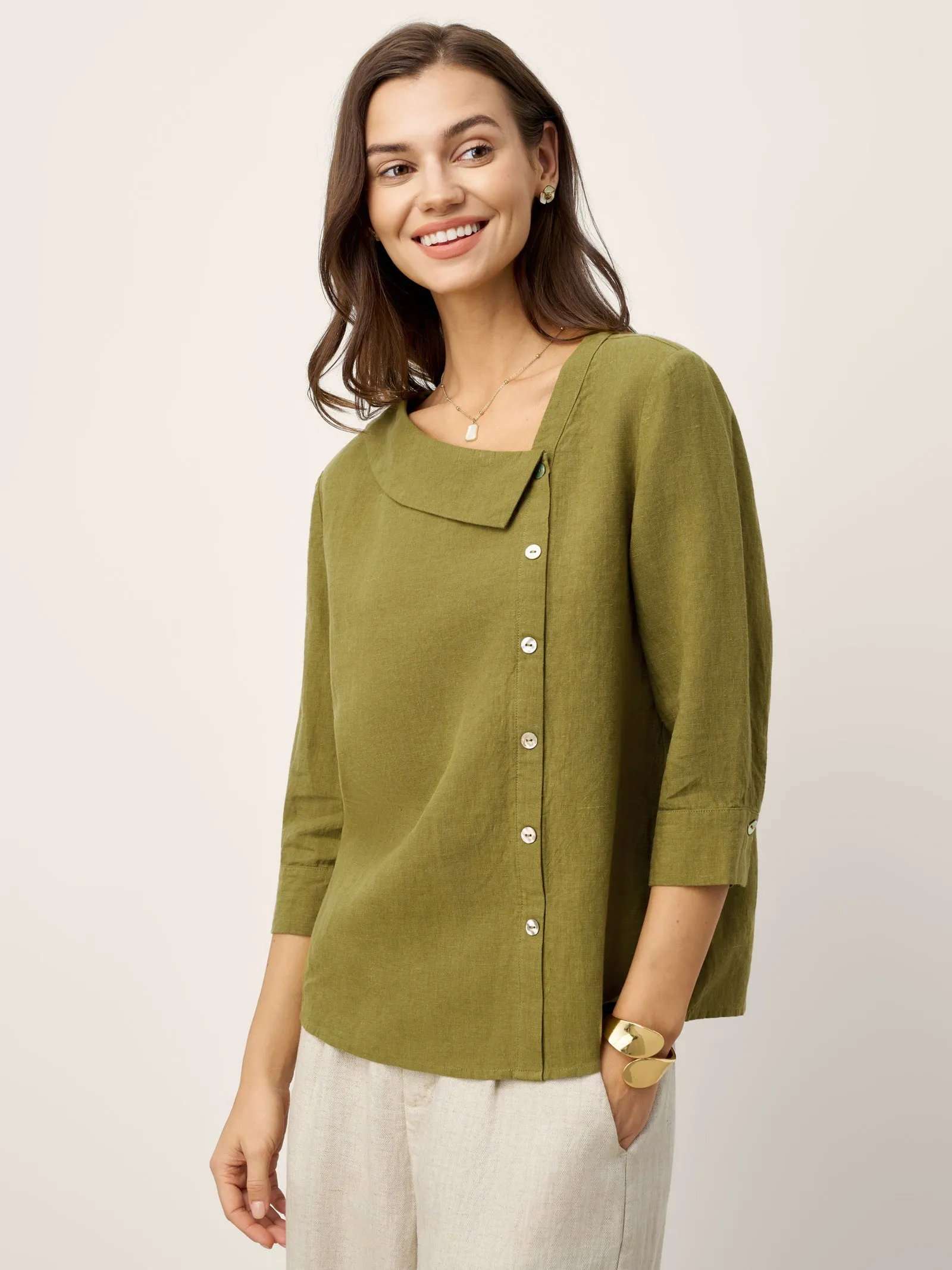 100% Linen Crescent Neck Button Detail 3/4 Sleeve Top ADALYN sold by Lintico product image thumbnail 4