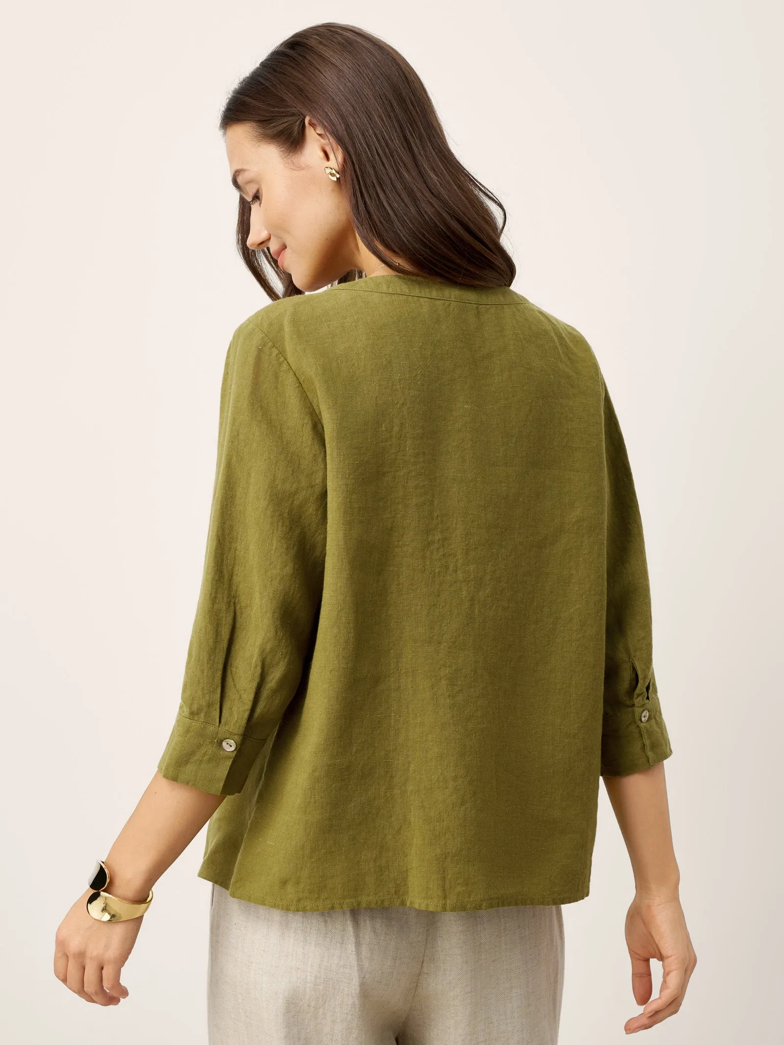 100% Linen Crescent Neck Button Detail 3/4 Sleeve Top ADALYN sold by Lintico product image thumbnail 2