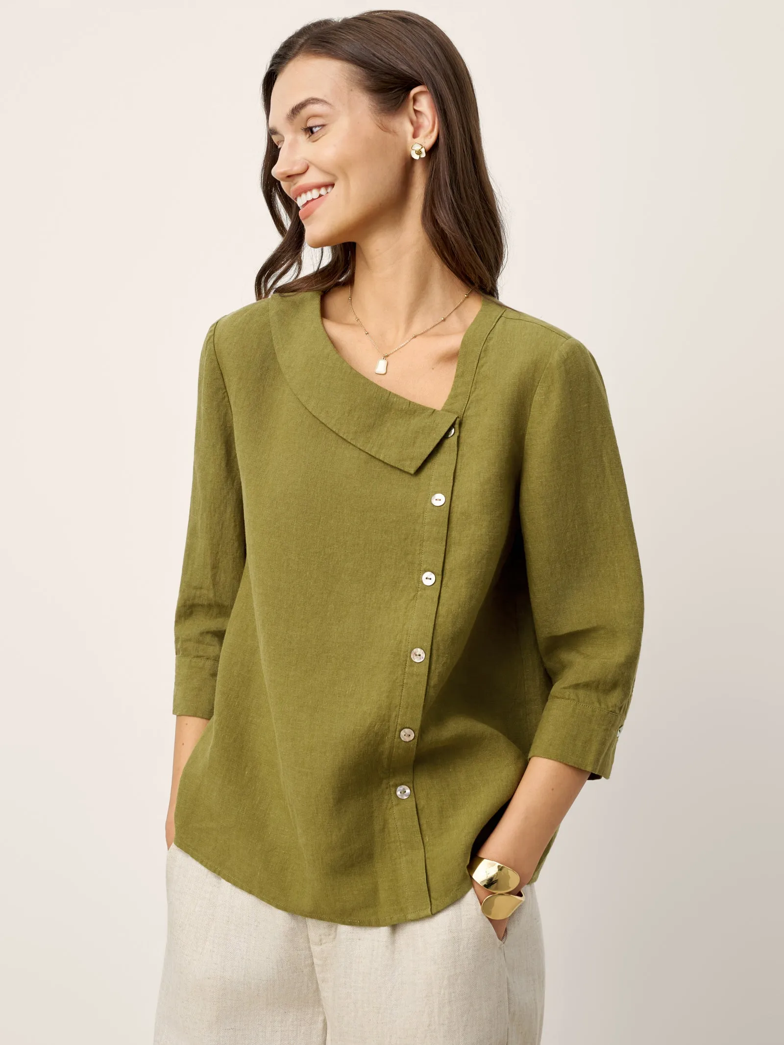 100% Linen Crescent Neck Button Detail 3/4 Sleeve Top ADALYN sold by Lintico product image thumbnail 3