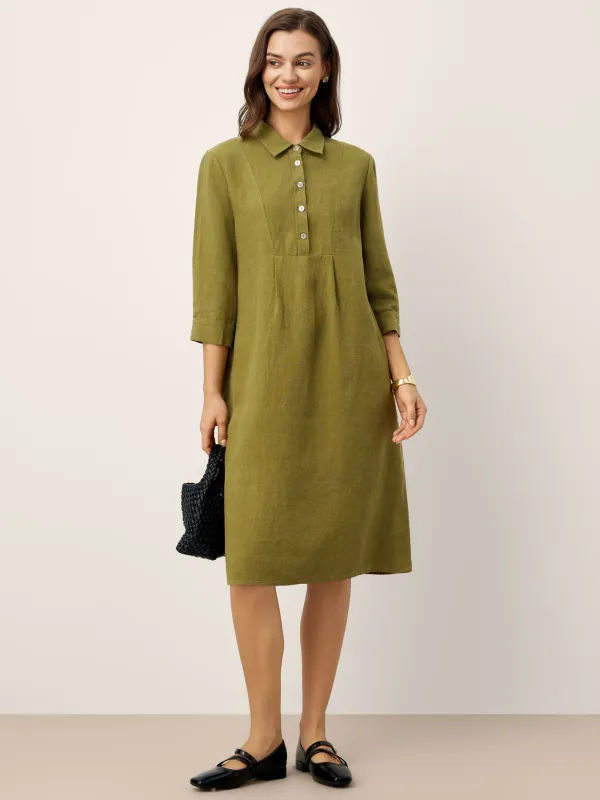 100% Linen Tailored Lapel 3/4 Sleeve Midi Shirt Dress MERCEDES sold by Lintico