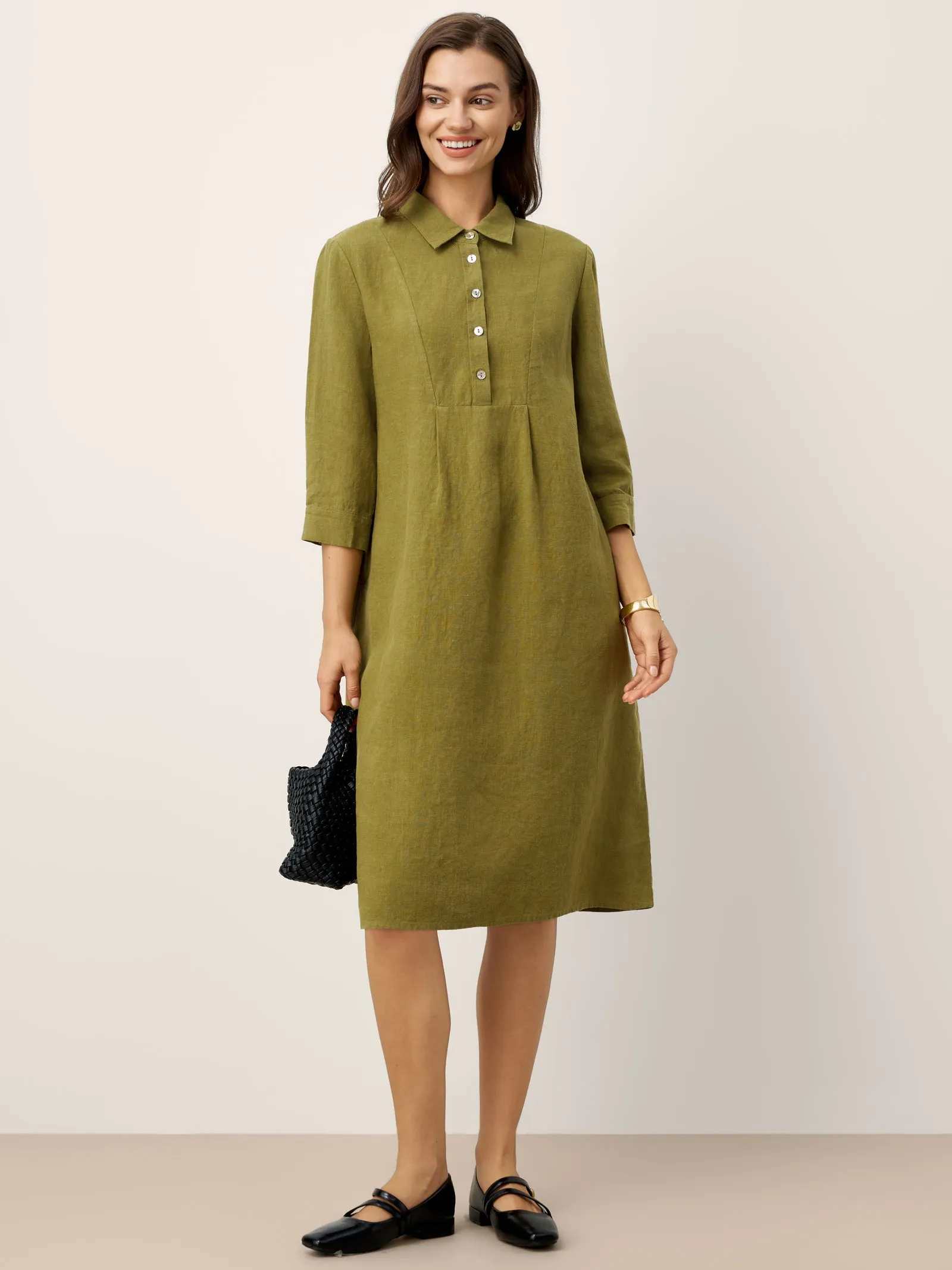 100% Linen Tailored Lapel 3/4 Sleeve Midi Shirt Dress MERCEDES sold by Lintico