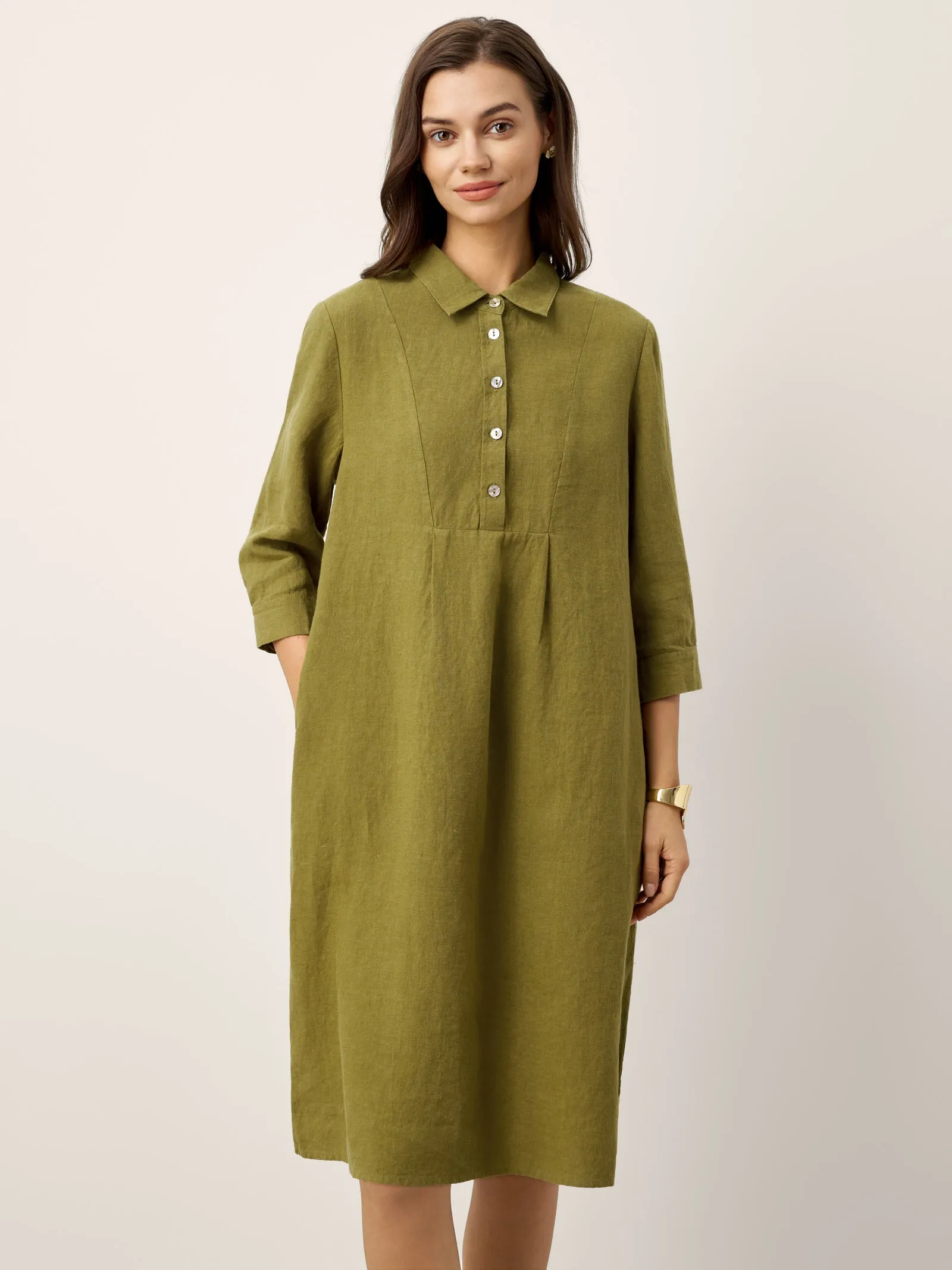 100% Linen Tailored Lapel 3/4 Sleeve Midi Shirt Dress MERCEDES sold by Lintico product image thumbnail 2