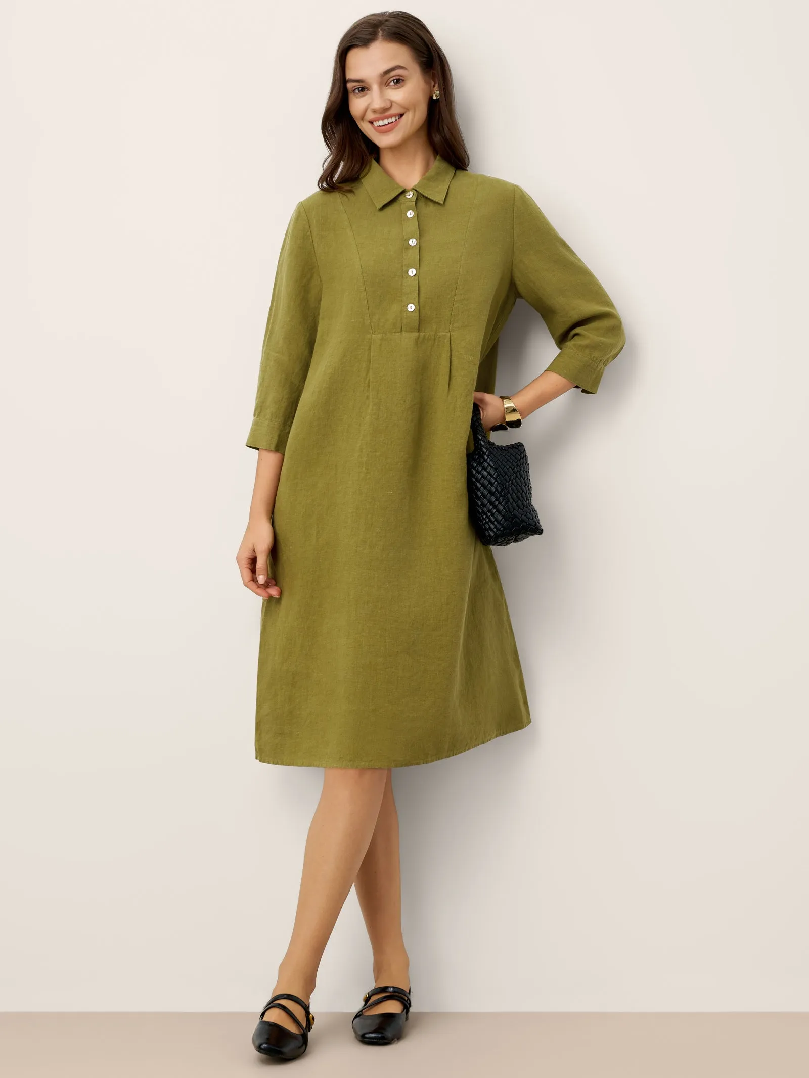 100% Linen Tailored Lapel 3/4 Sleeve Midi Shirt Dress MERCEDES sold by Lintico product image thumbnail 5
