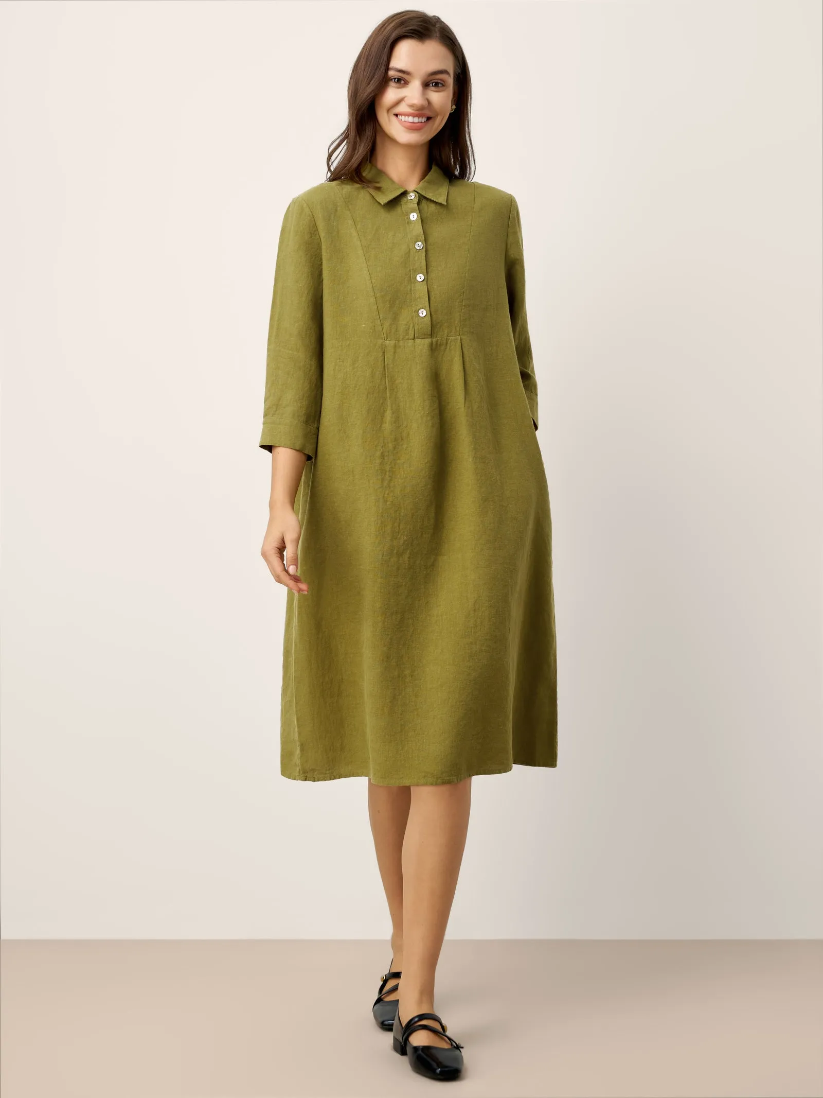 100% Linen Tailored Lapel 3/4 Sleeve Midi Shirt Dress MERCEDES sold by Lintico product image thumbnail 3
