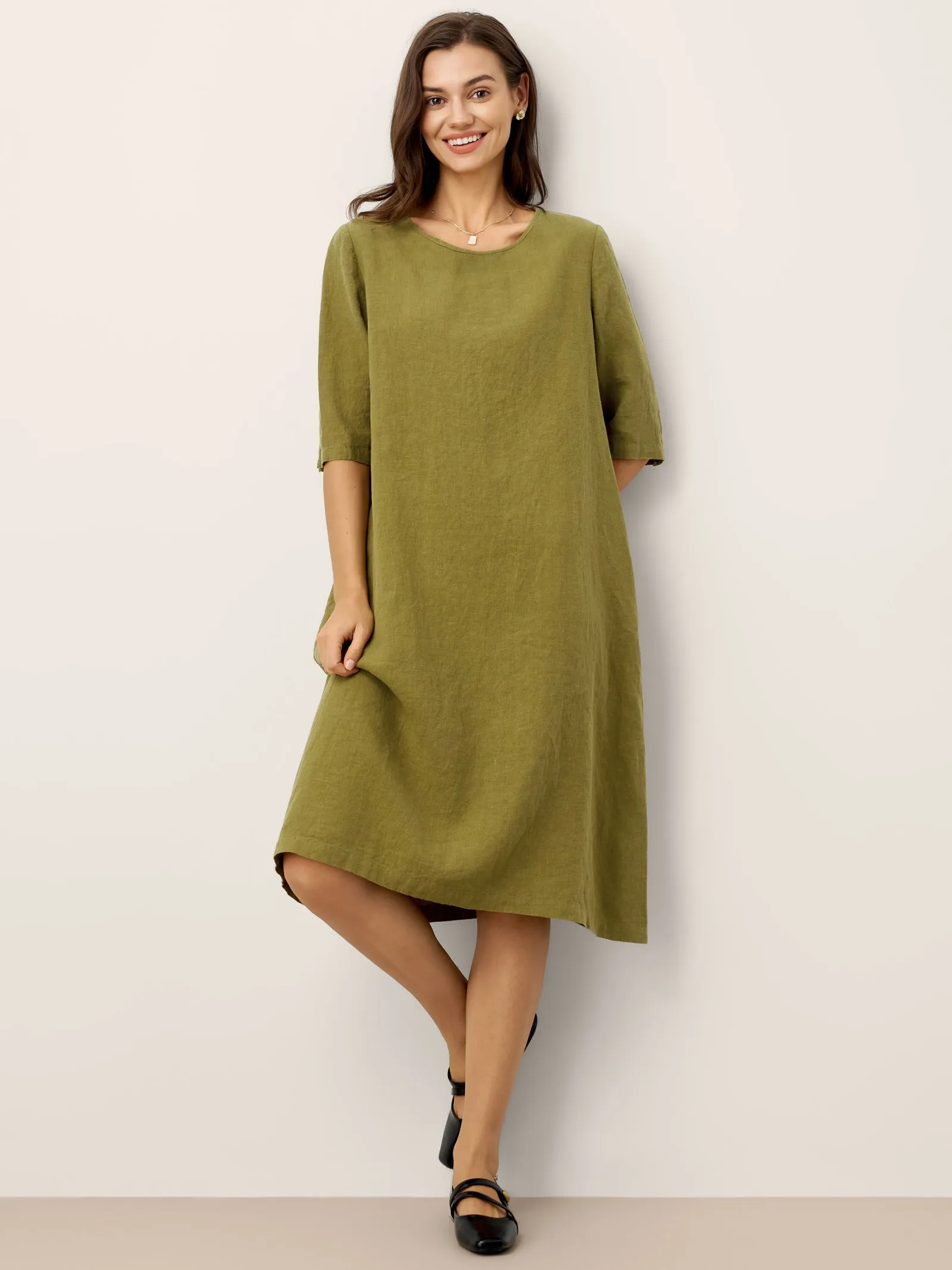 100% Linen Round Neck Back Placket Pleat Midi Dress PENELOPE sold by Lintico product image thumbnail 4