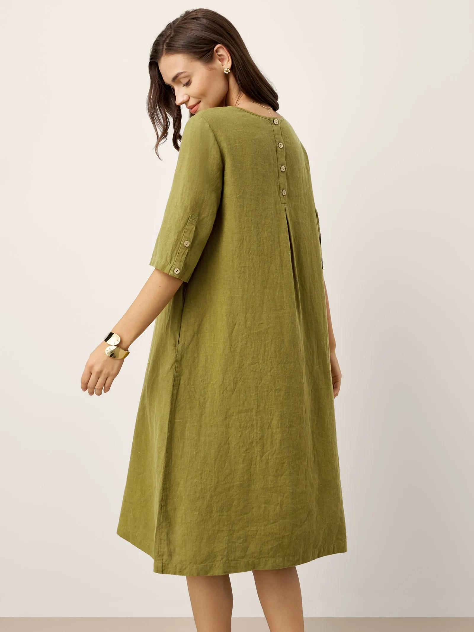 100% Linen Round Neck Back Placket Pleat Midi Dress PENELOPE sold by Lintico product image thumbnail 2