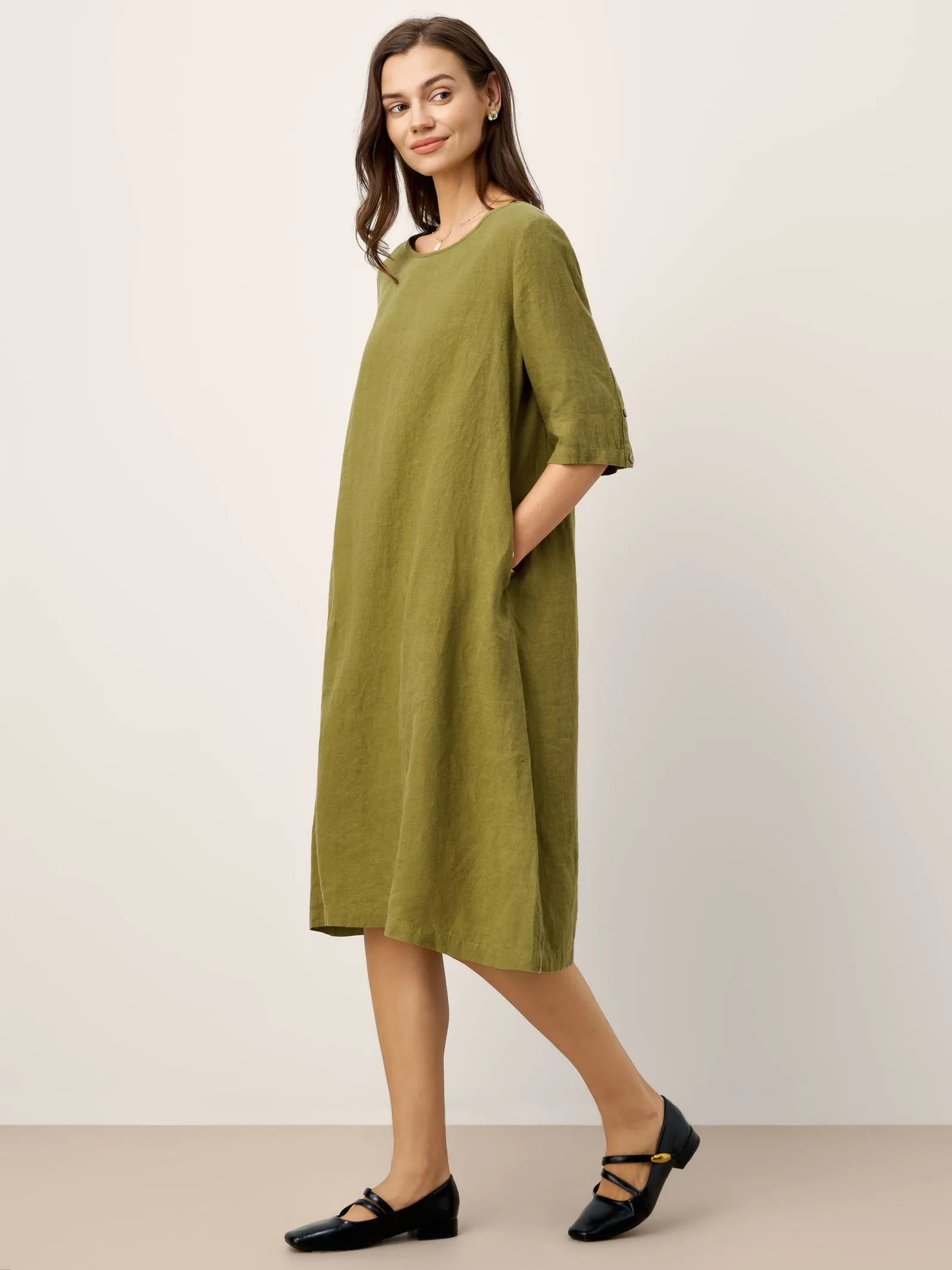 100% Linen Round Neck Back Placket Pleat Midi Dress PENELOPE sold by Lintico product image thumbnail 3
