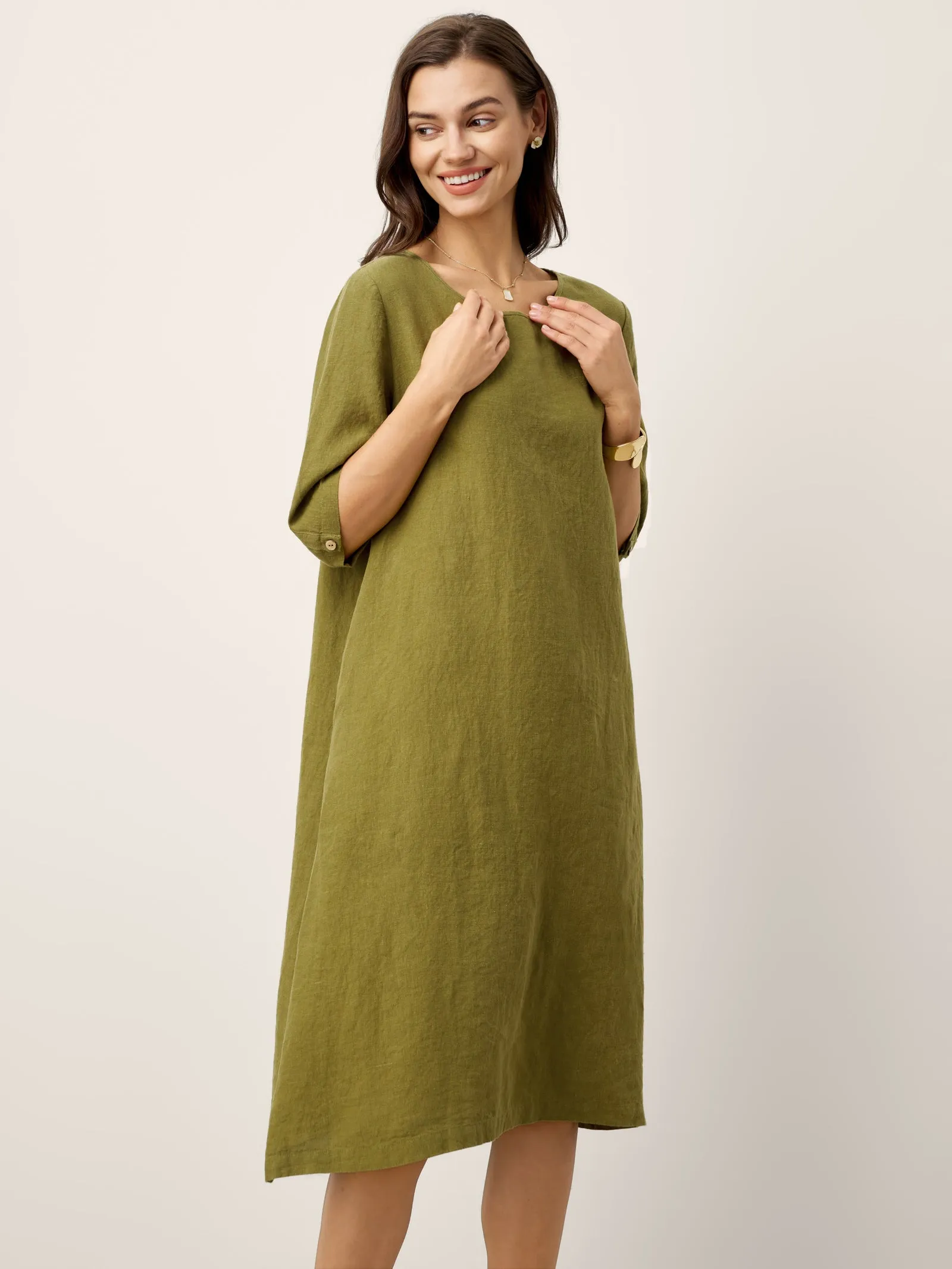 100% Linen Round Neck Back Placket Pleat Midi Dress PENELOPE sold by Lintico product image thumbnail 5