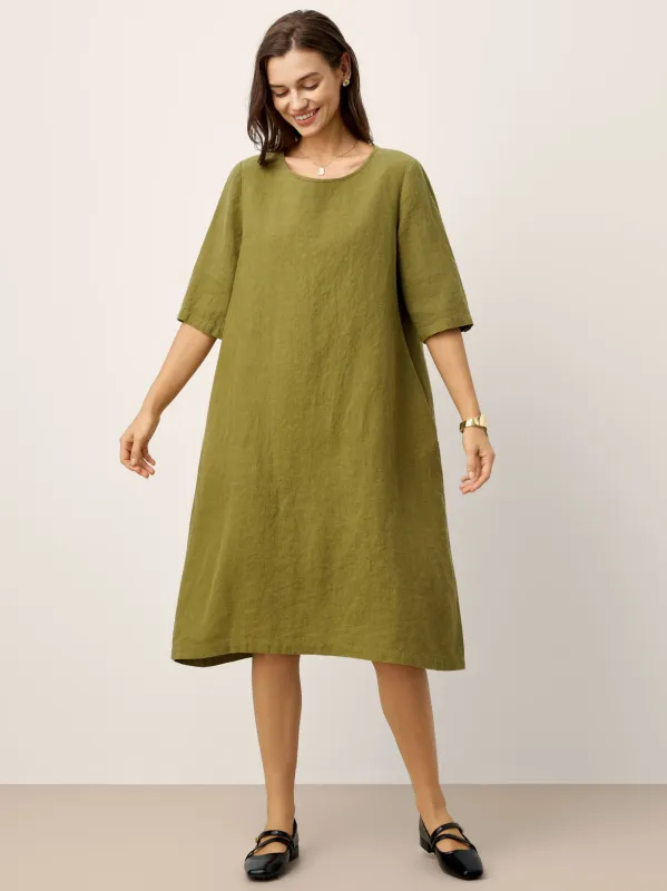 100% Linen Round Neck Back Placket Pleat Midi Dress PENELOPE sold by Lintico