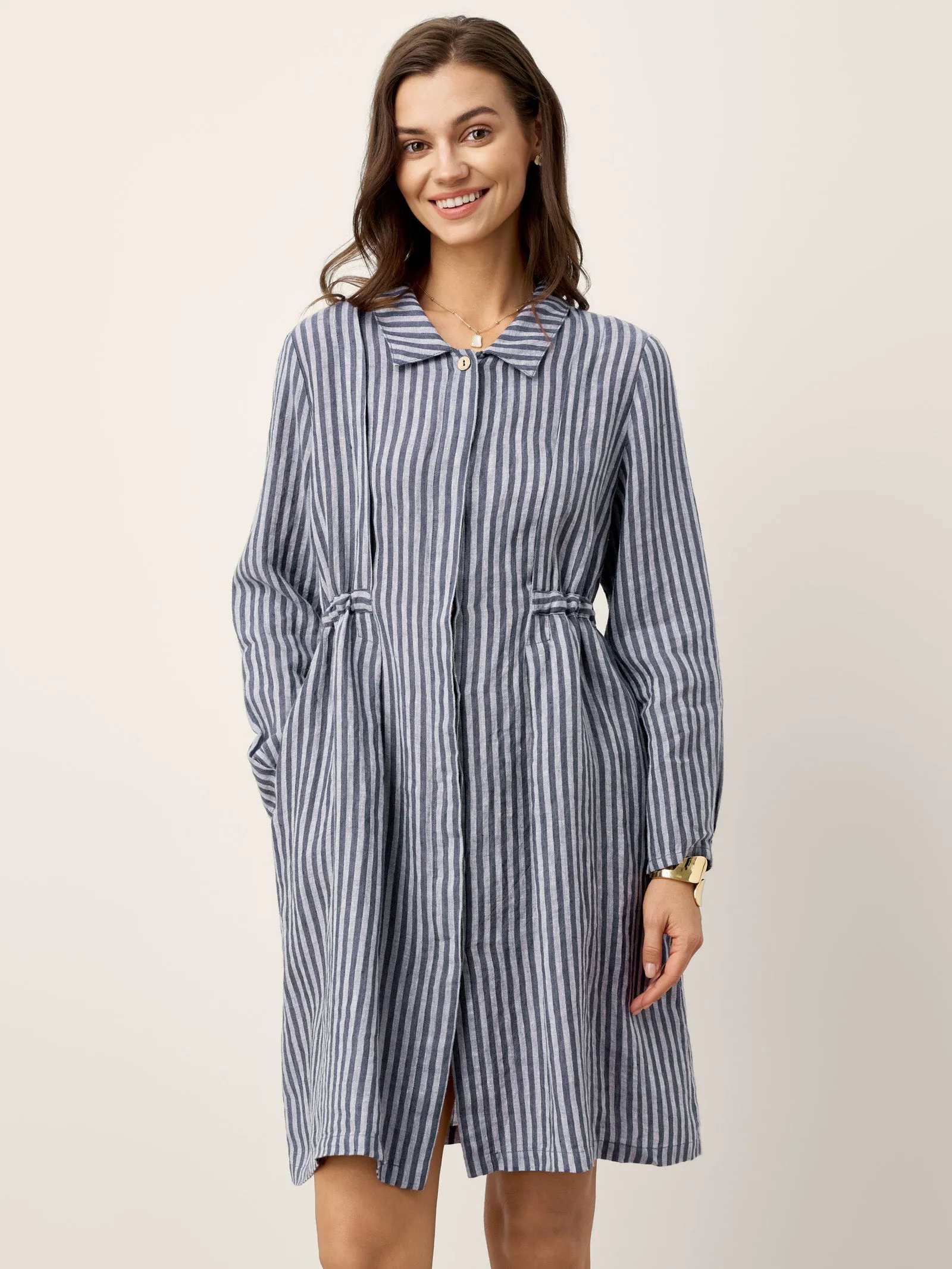 100% Linen Striped Back Drawstring Midi Shirt Dress ADELAIDE sold by Lintico product image thumbnail 3