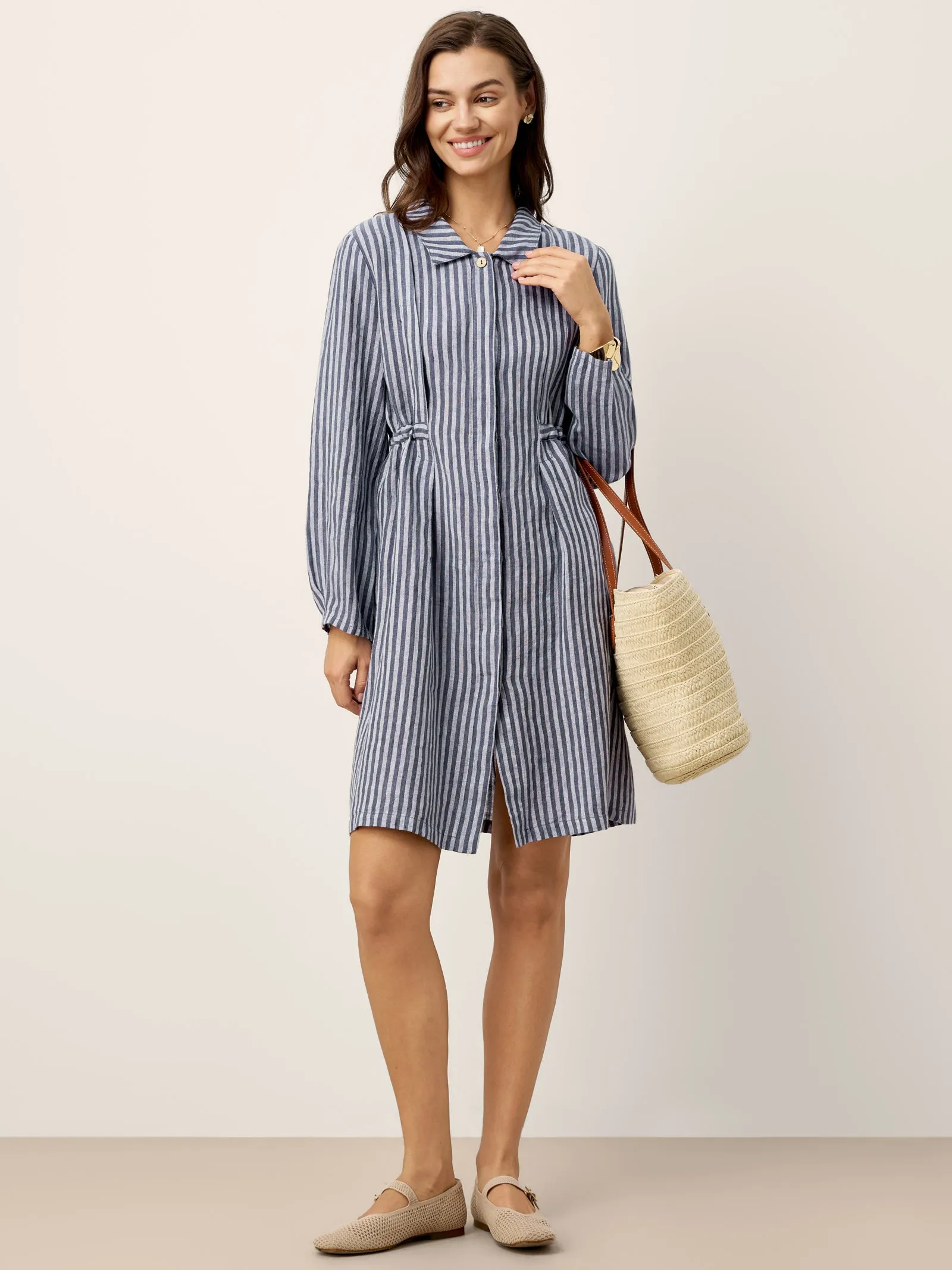 100% Linen Striped Back Drawstring Midi Shirt Dress ADELAIDE sold by Lintico product image thumbnail 2