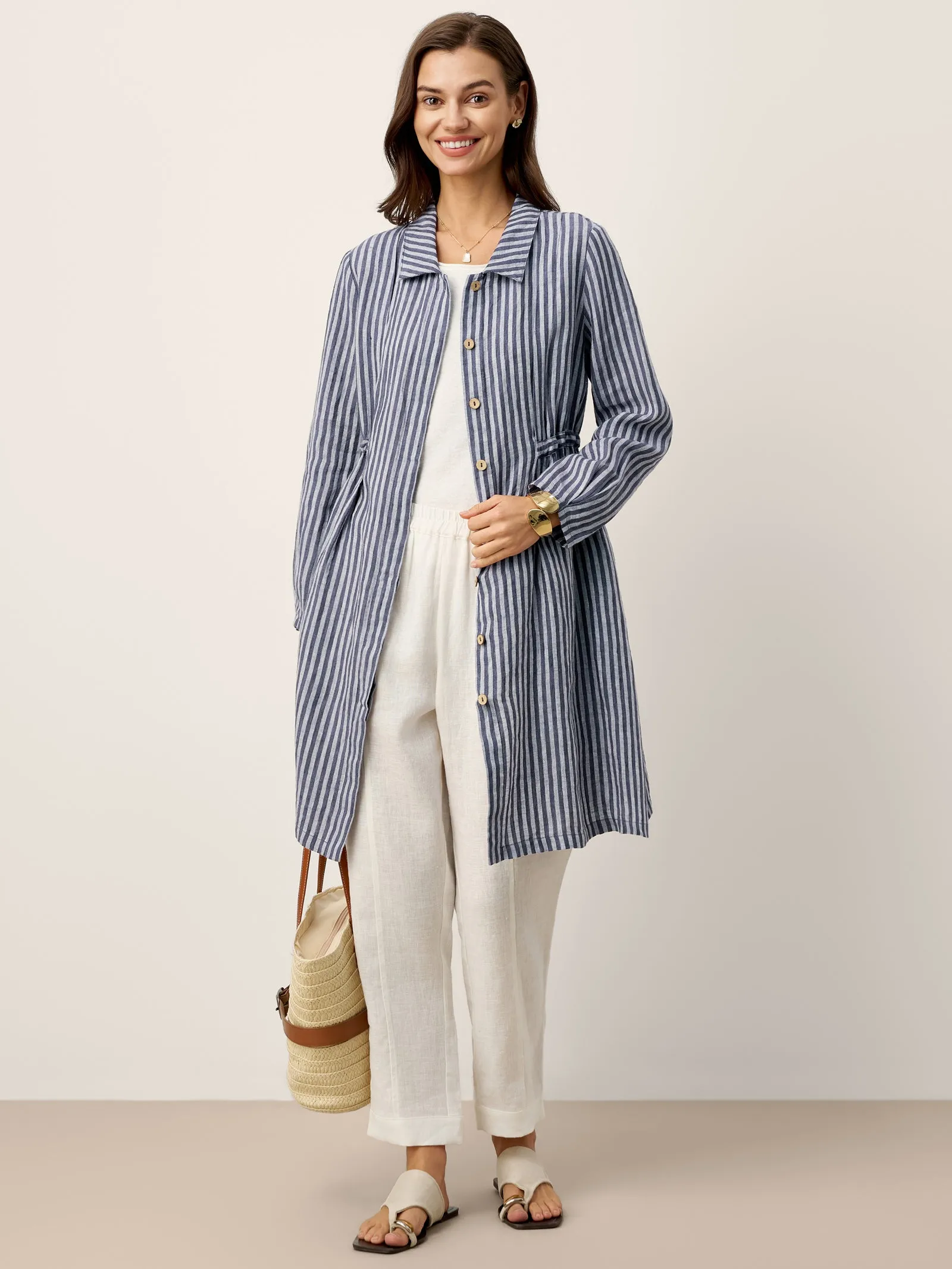 100% Linen Striped Back Drawstring Midi Shirt Dress ADELAIDE sold by Lintico