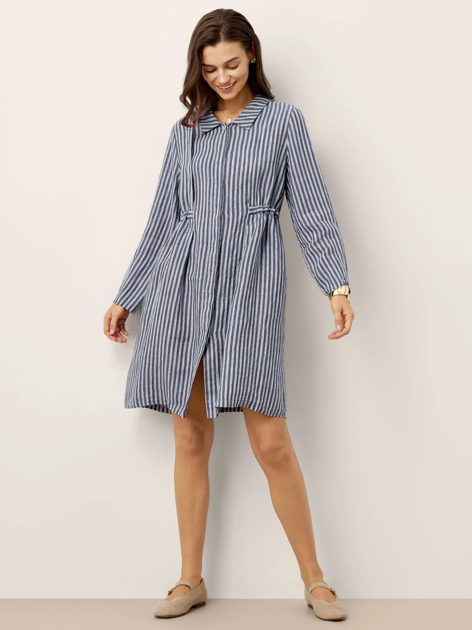 100% Linen Striped Back Drawstring Midi Shirt Dress ADELAIDE sold by Lintico product image thumbnail 5