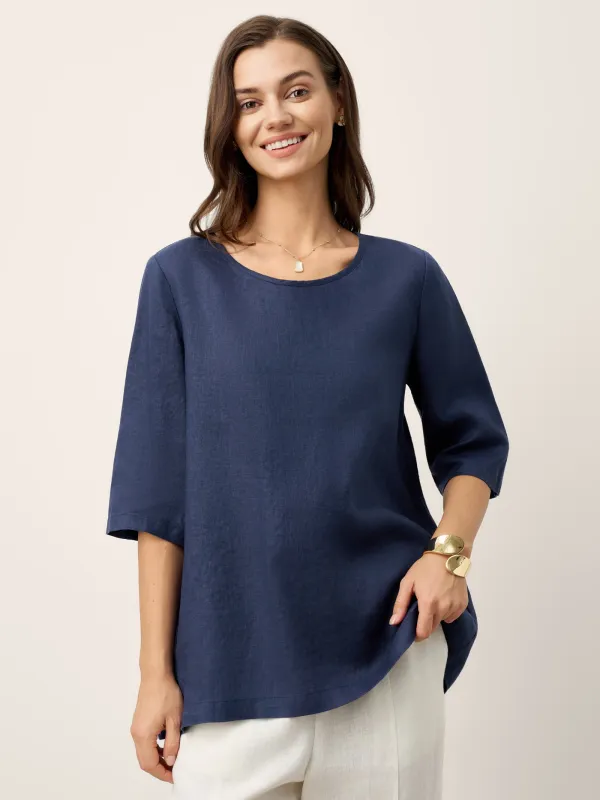 100% Linen Relaxed Back Button Top with Tab Sleeves SYLVANA made by Lintico
