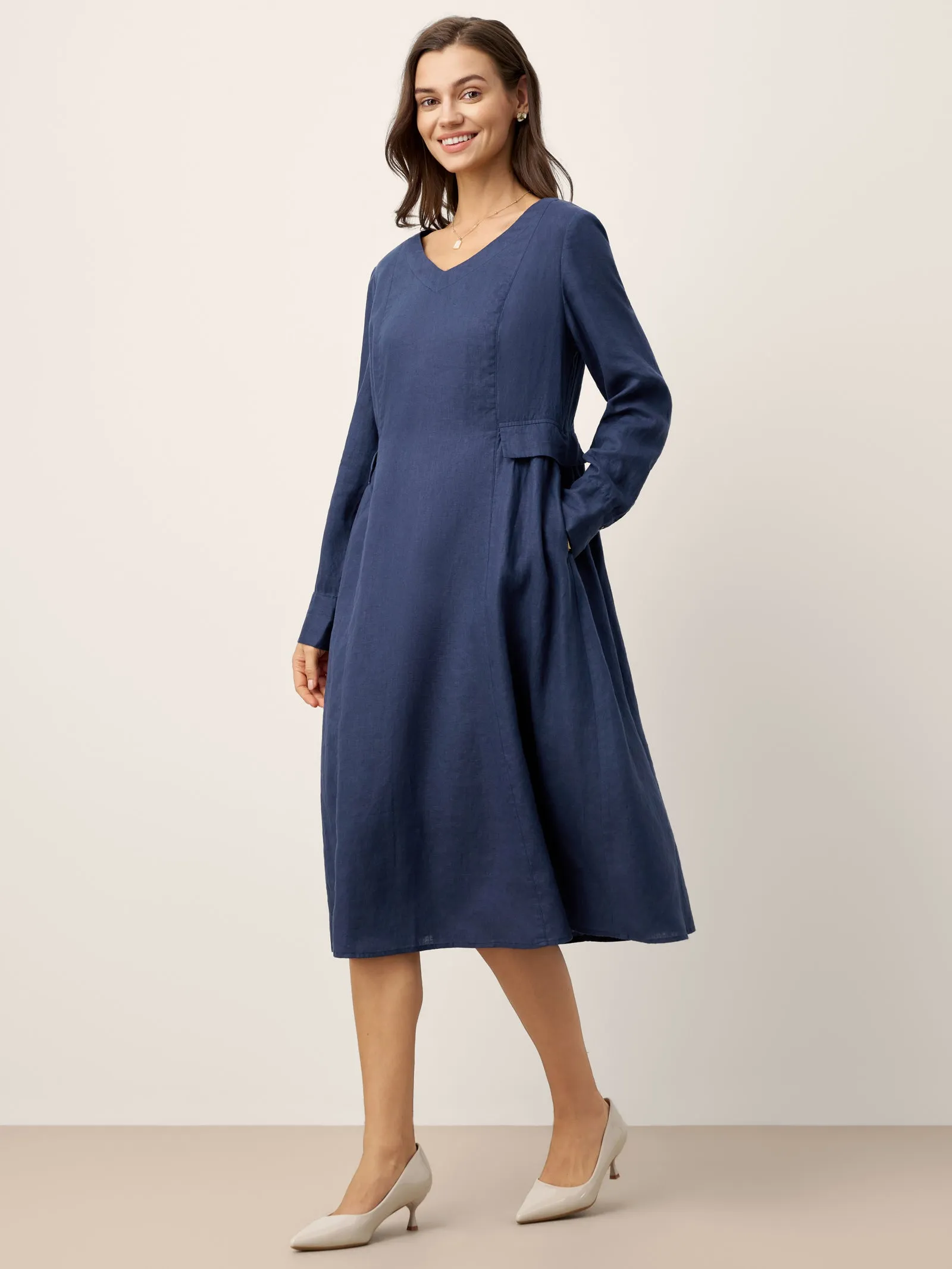 100% Linen Gathered Waist Flap Detail Midi Dress DIANA sold by Lintico