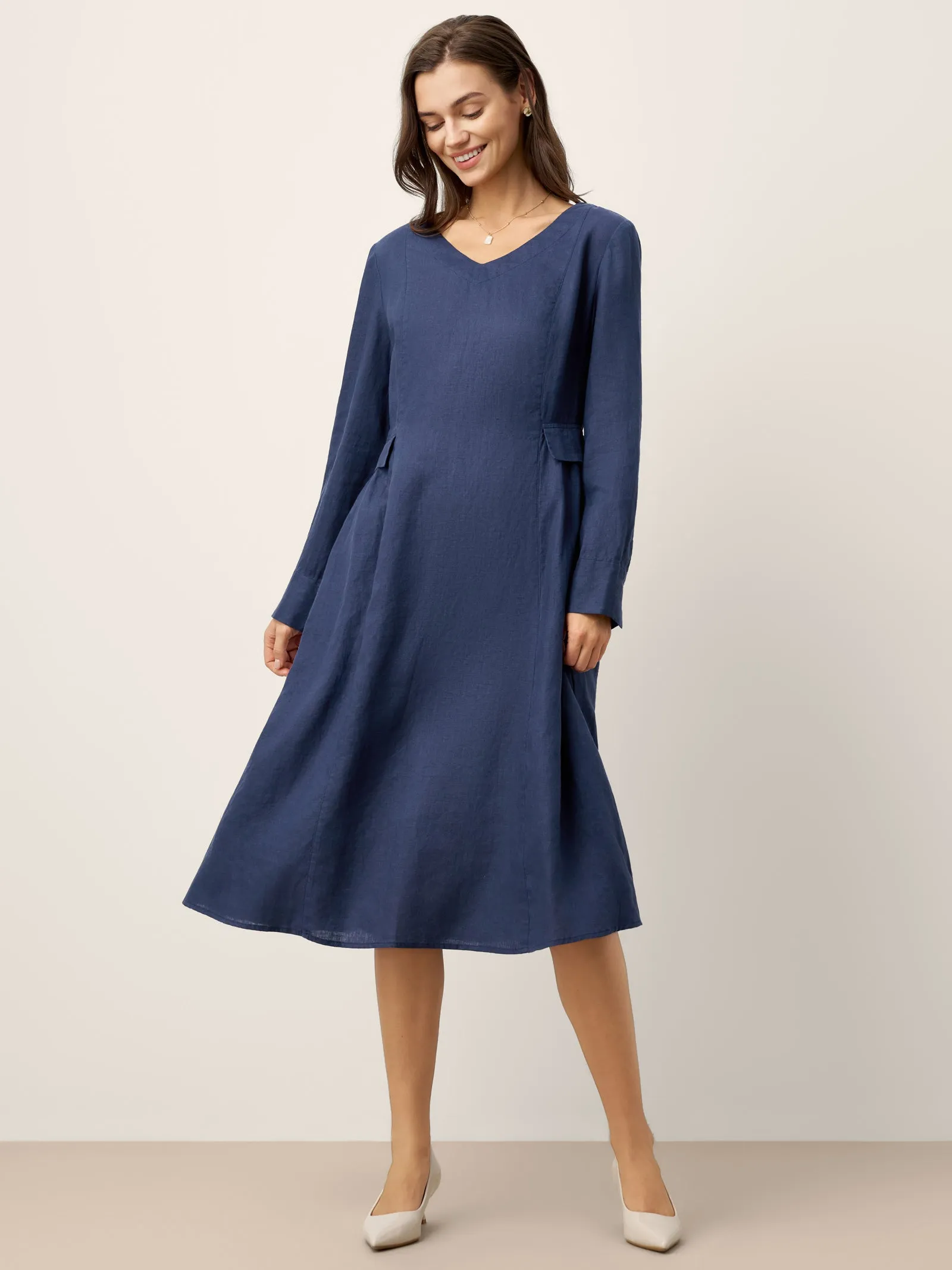 100% Linen Gathered Waist Flap Detail Midi Dress DIANA sold by Lintico product image thumbnail 2