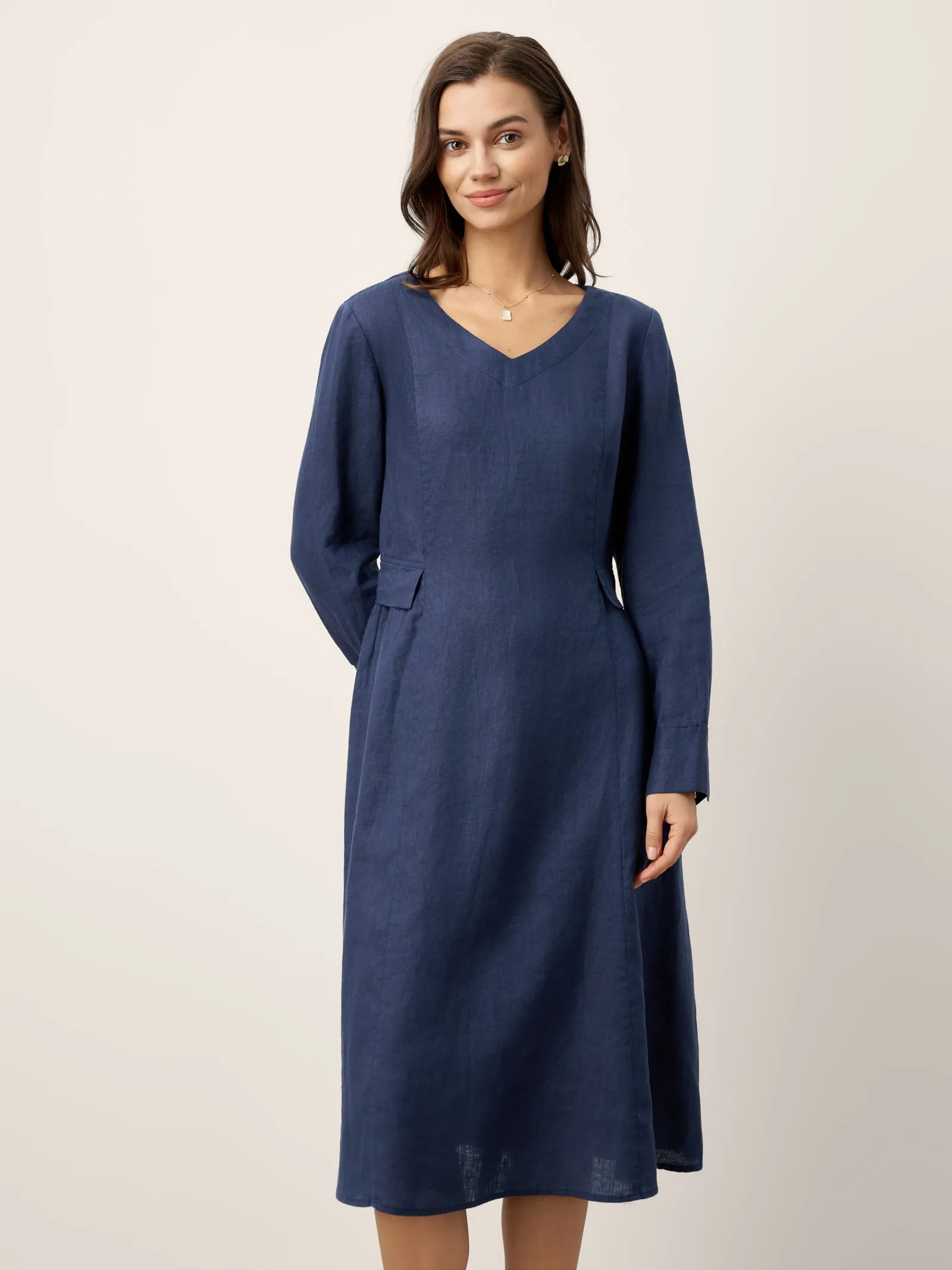 100% Linen Gathered Waist Flap Detail Midi Dress DIANA sold by Lintico product image thumbnail 3
