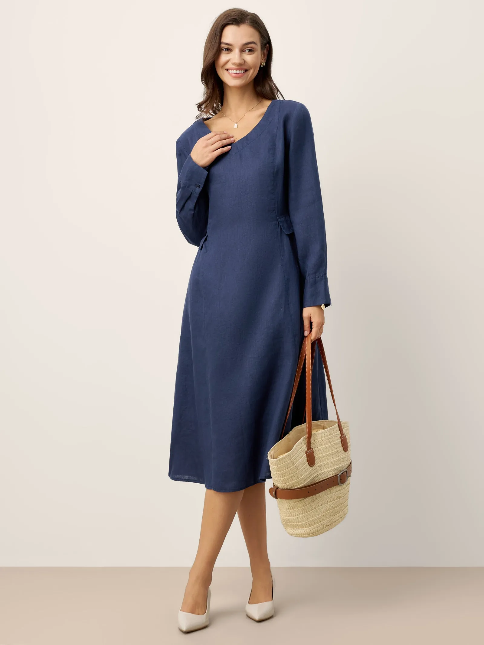 100% Linen Gathered Waist Flap Detail Midi Dress DIANA sold by Lintico product image thumbnail 5