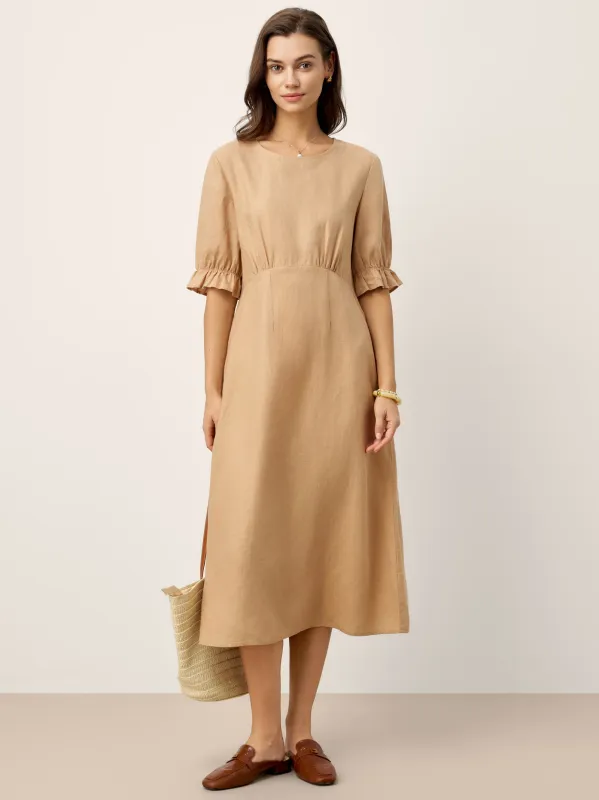 100% Linen Round Neck High Waist Ruffle Sleeve Maxi Dress ZEPHYRA sold by Lintico
