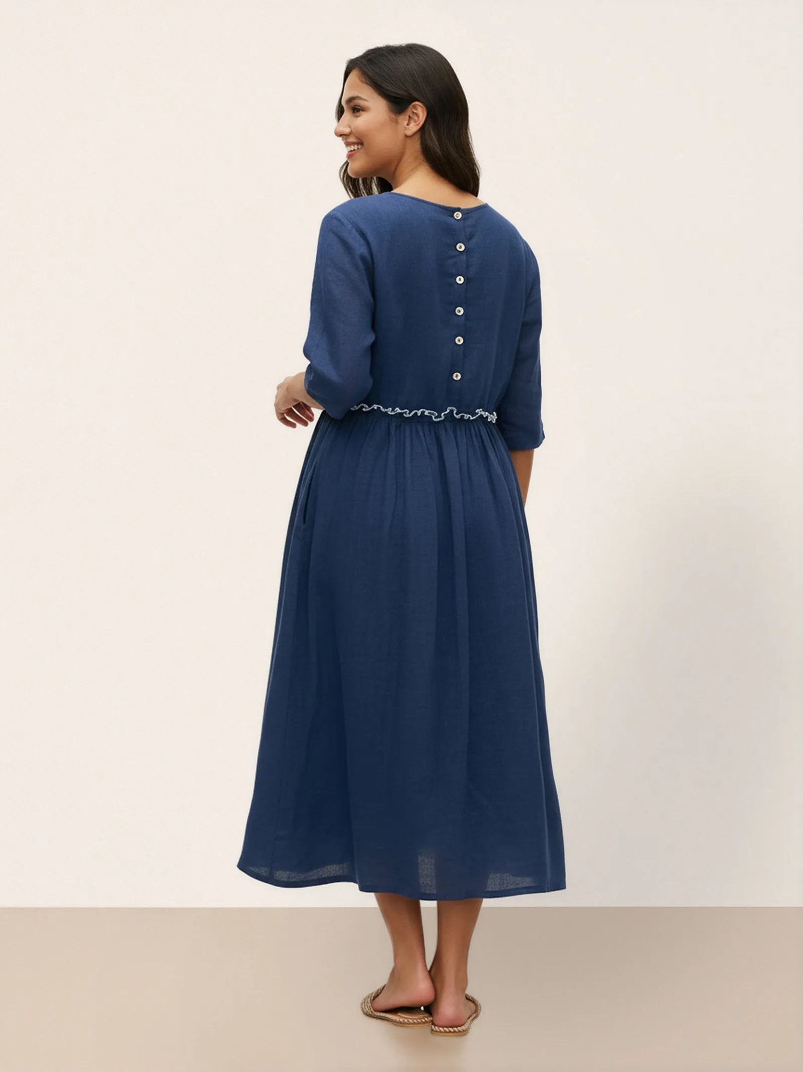 100% Linen Petal-Waist Drawstring Midi Dress JASMINE sold by Lintico product image thumbnail 3