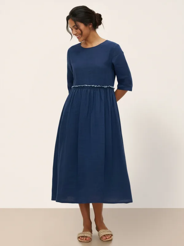 100% Linen Petal-Waist Drawstring Midi Dress JASMINE made by Lintico