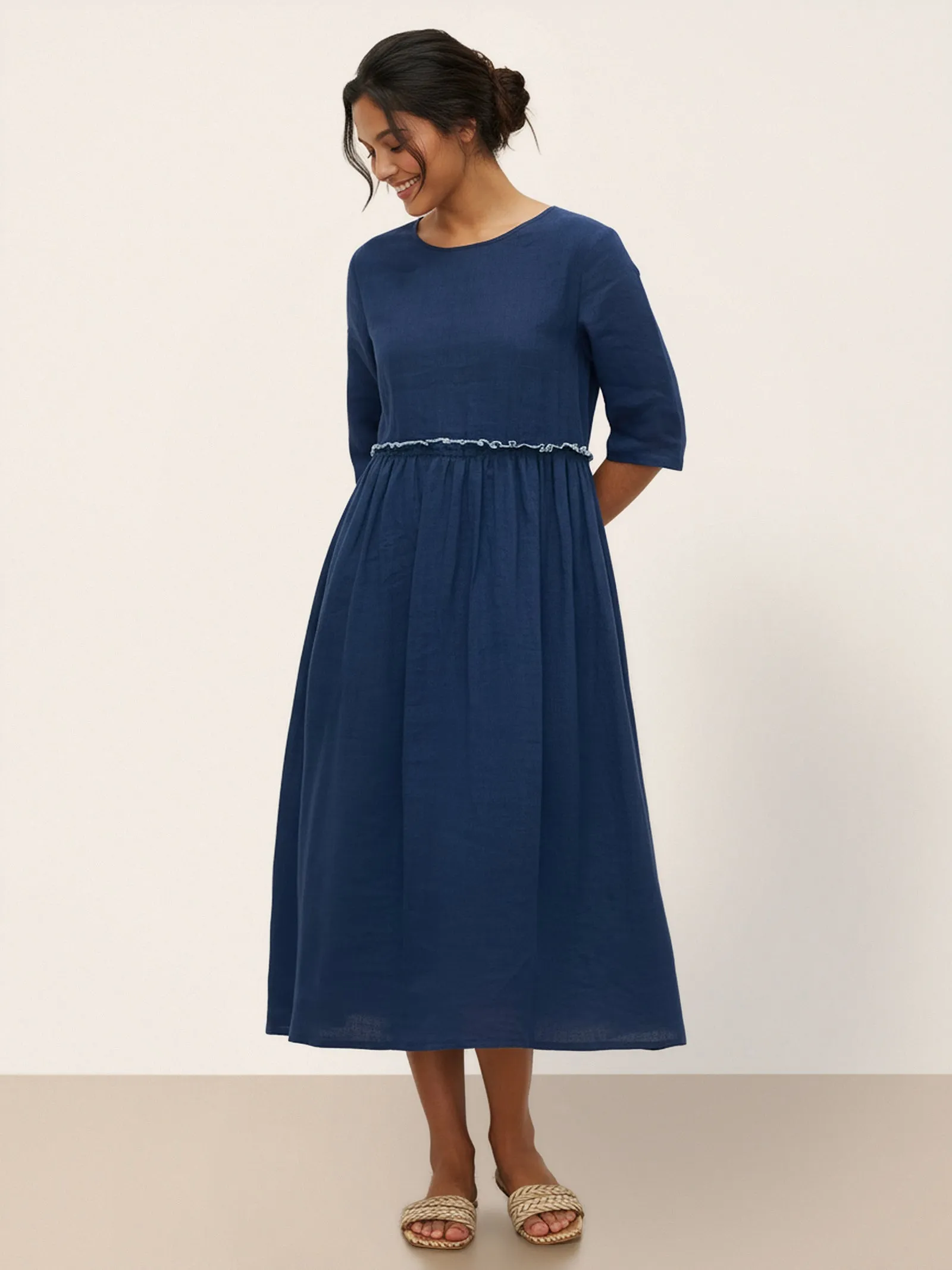 100% Linen Petal-Waist Drawstring Midi Dress JASMINE sold by Lintico