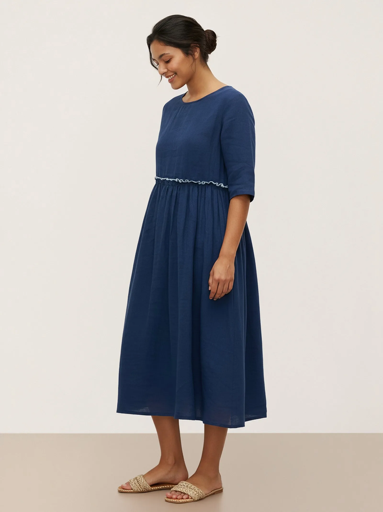 100% Linen Petal-Waist Drawstring Midi Dress JASMINE sold by Lintico product image thumbnail 4