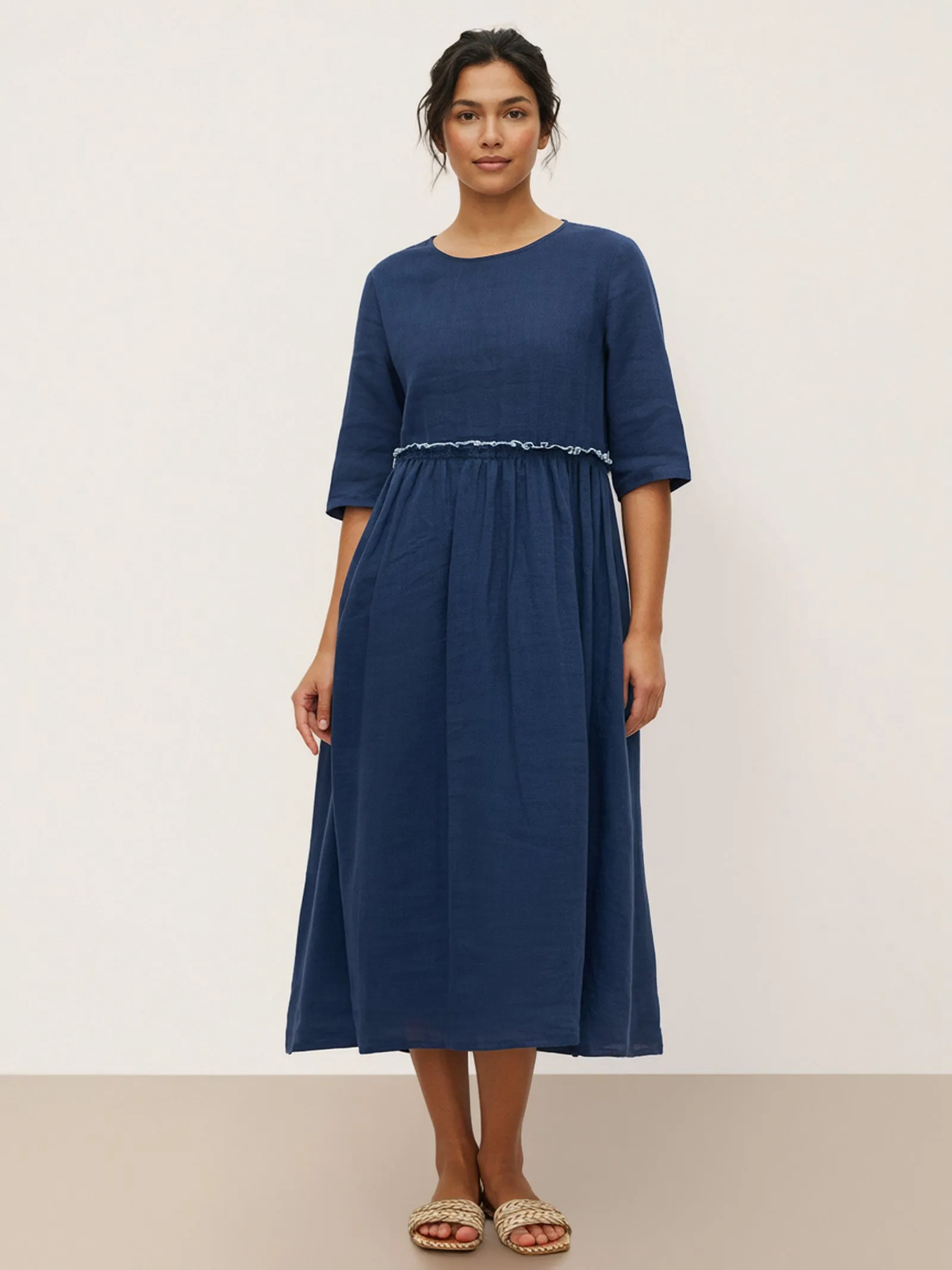 100% Linen Petal-Waist Drawstring Midi Dress JASMINE sold by Lintico product image thumbnail 2