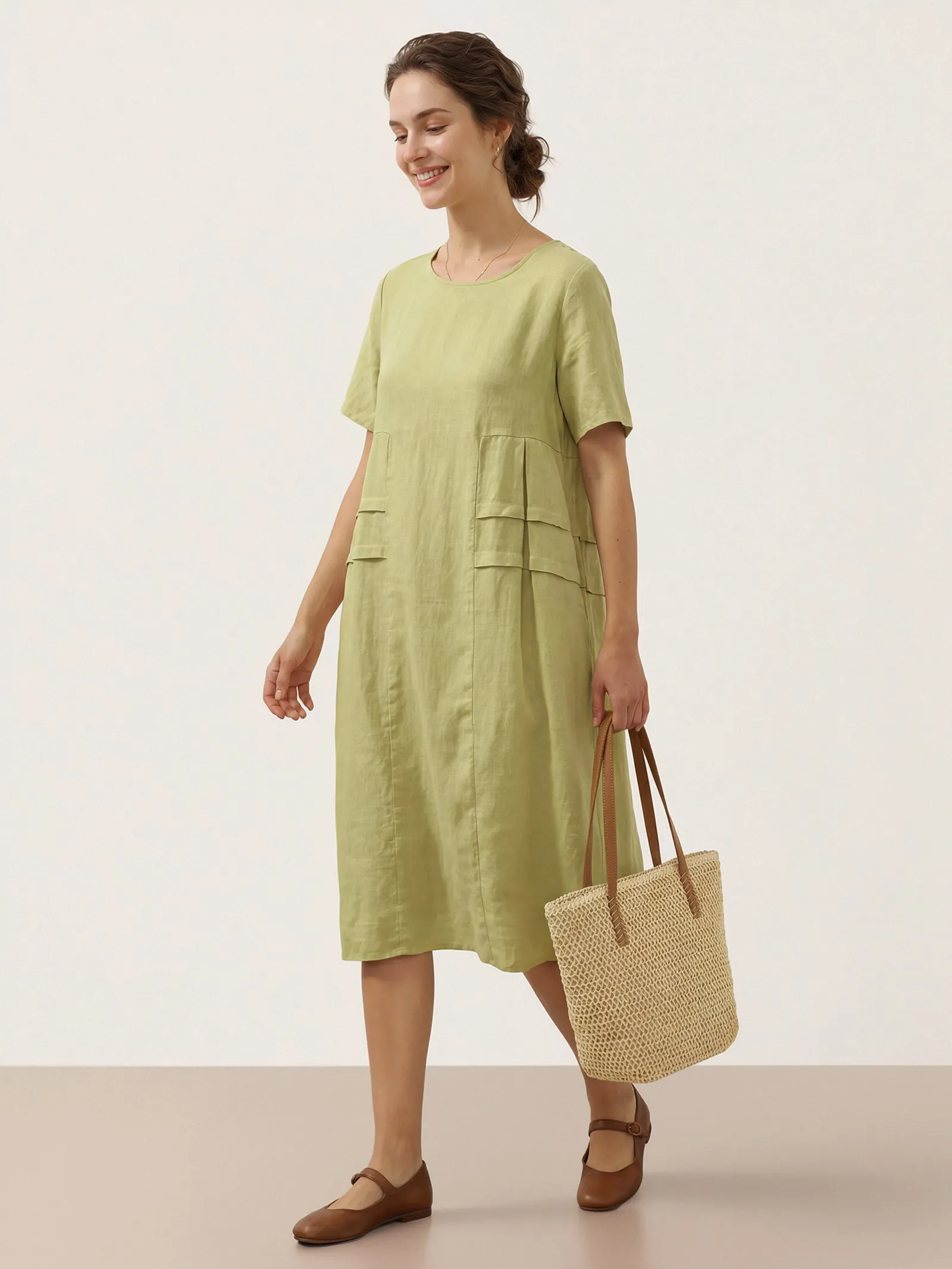 100% Linen Pleated Crew Neck Midi Dress MILA sold by Lintico product image thumbnail 5