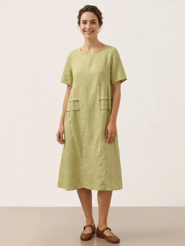 100% Linen Pleated Crew Neck Midi Dress MILA made by Lintico
